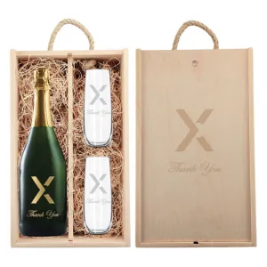 A  Wines Brown Rustic Laser Engraved Wood Box with Custom Etched Champagne and Flutes with 1 Color Fill