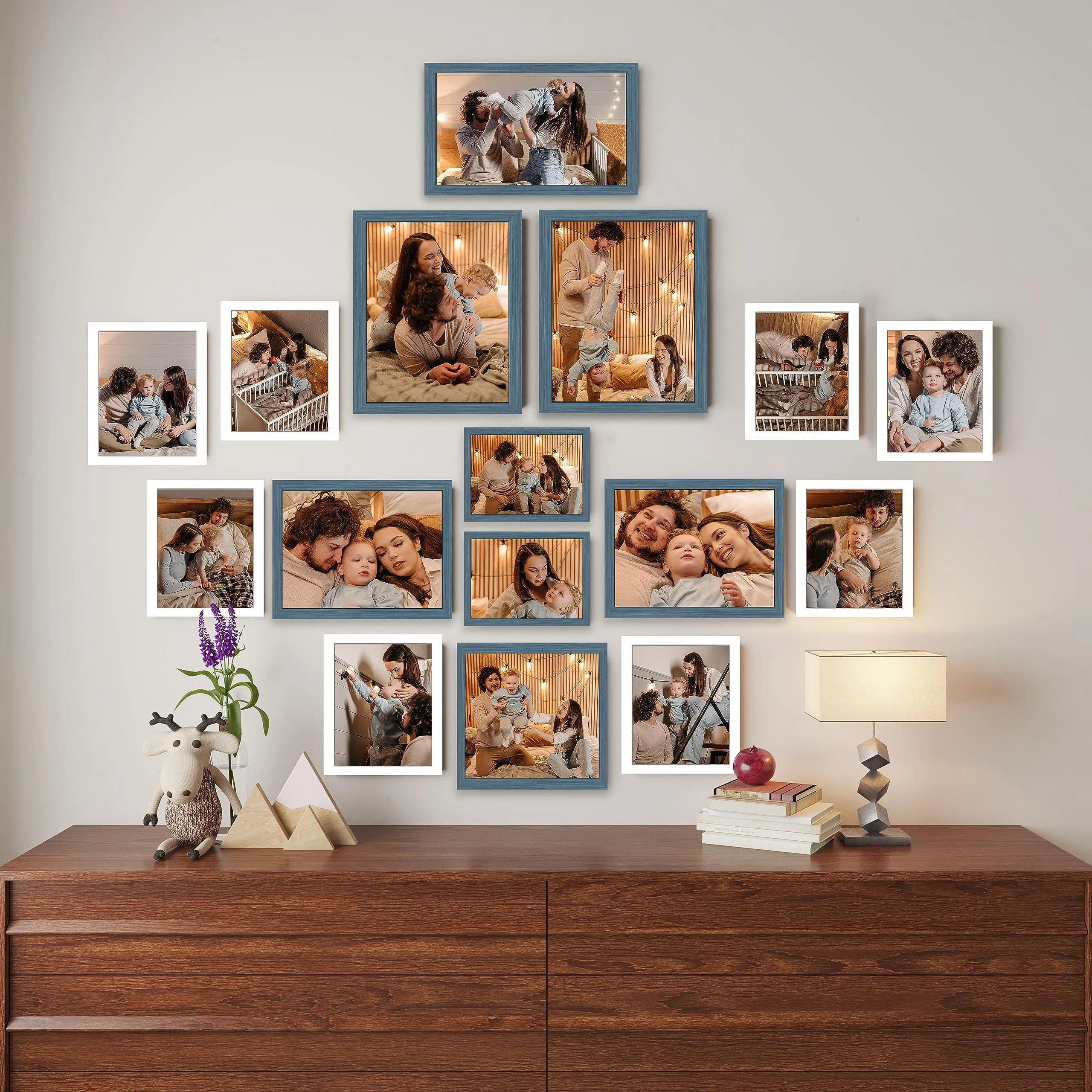Art Street Large Collage Wall Photo Frame Individual Picture Frame Set For Living Room, Decorative Wall Hanging Home Decor - Set Of 16 (4x6, 5x5, 5x7, 6x8, 6x10, 8x10 Inch, White-Blue)
