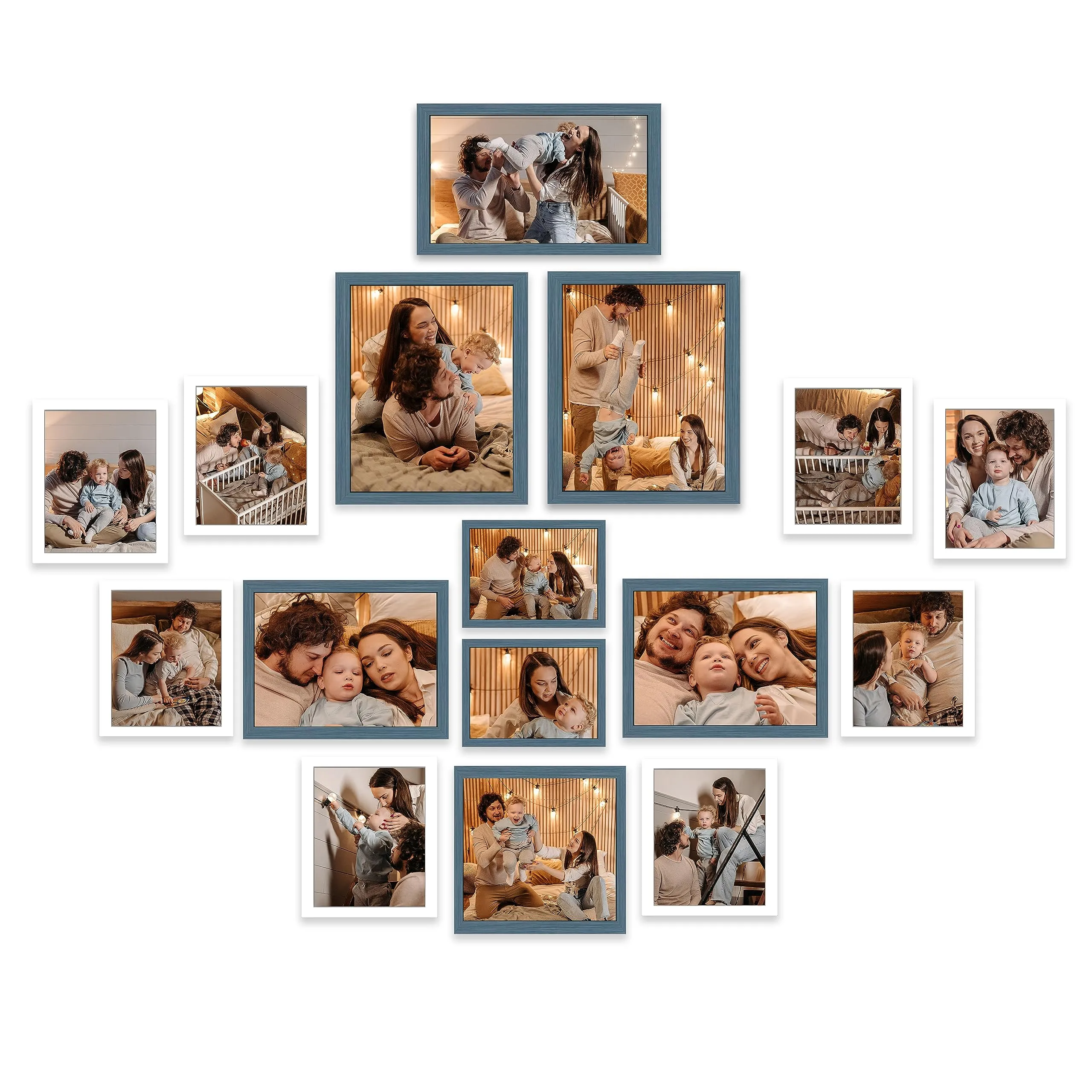 Art Street Large Collage Wall Photo Frame Individual Picture Frame Set For Living Room, Decorative Wall Hanging Home Decor - Set Of 16 (4x6, 5x5, 5x7, 6x8, 6x10, 8x10 Inch, White-Blue)