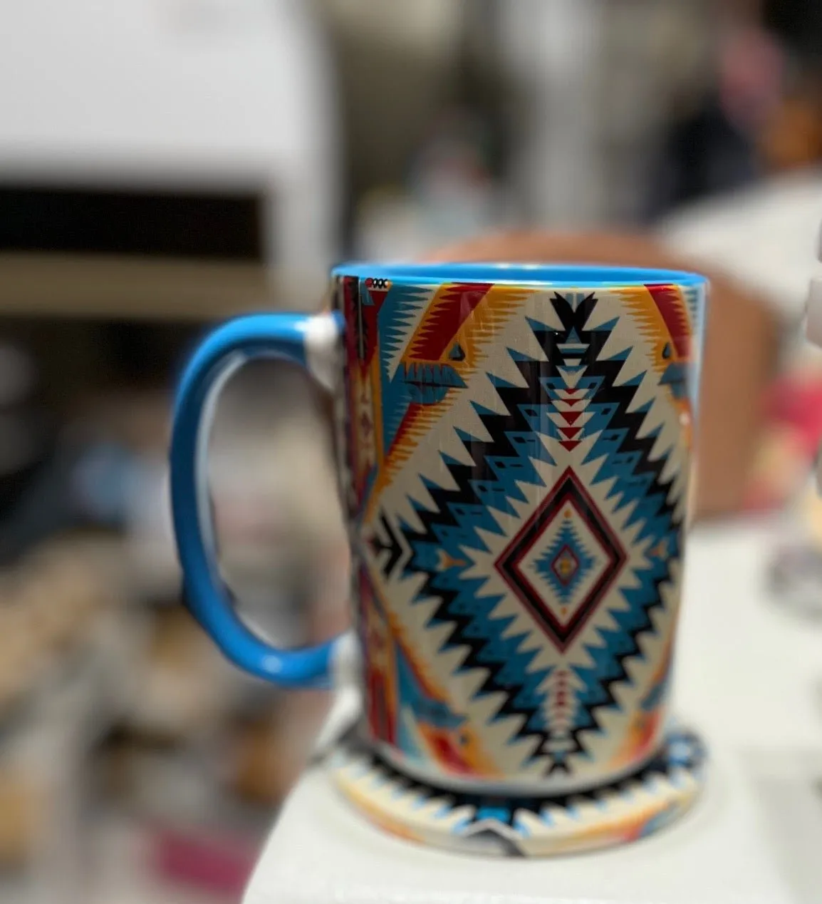 Aztec 15 oz Turquoise Coffee Mug with Ceramic Coaster - Multi Colors