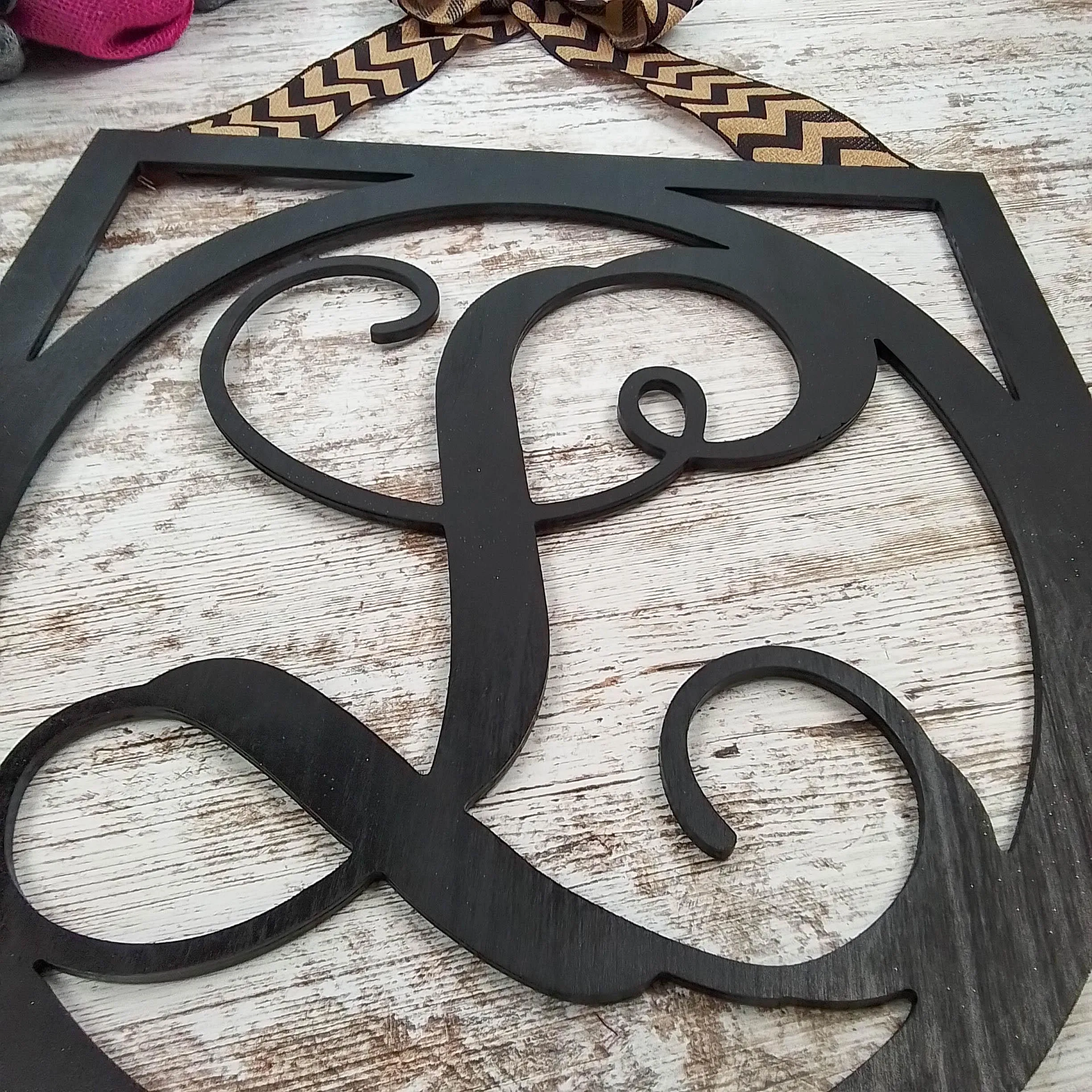 Black Burlap Initial Monogram Door Hanger - Gift for Mom - Framed Wood Wreath