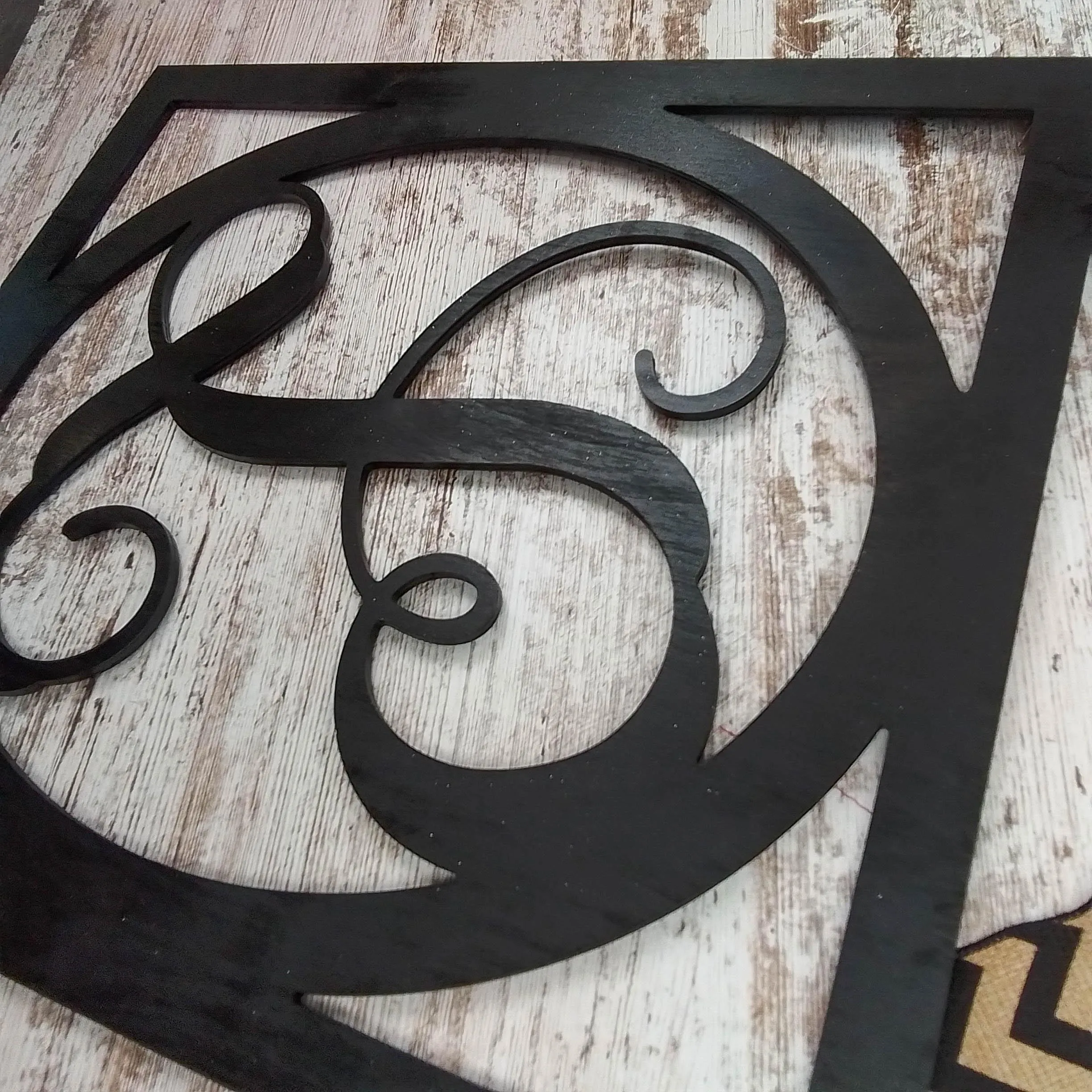Black Burlap Initial Monogram Door Hanger - Gift for Mom - Framed Wood Wreath
