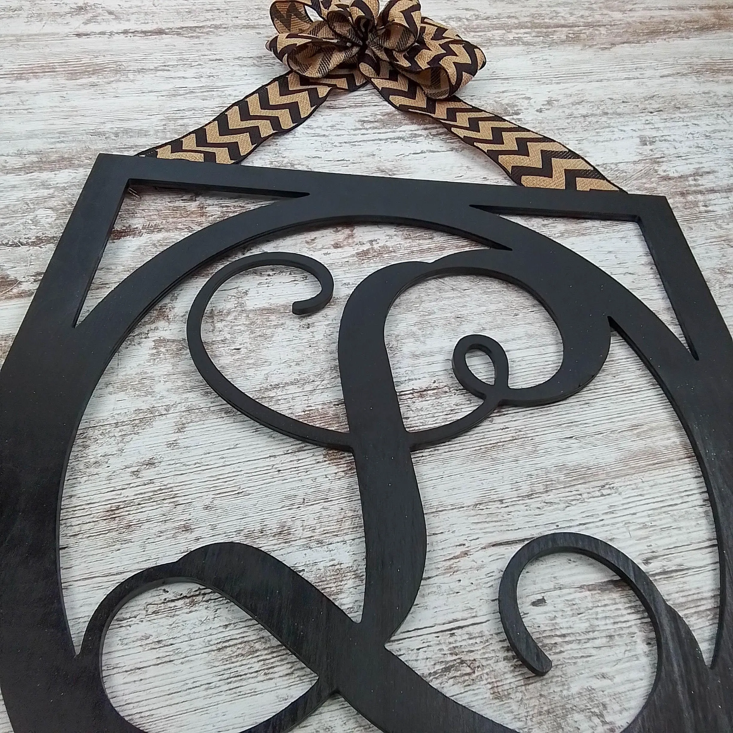 Black Burlap Initial Monogram Door Hanger - Gift for Mom - Framed Wood Wreath