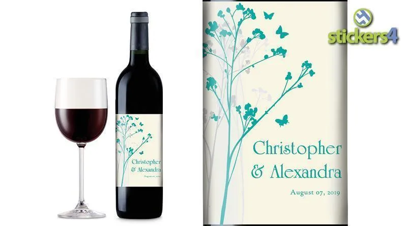 Branches & Butterflies (Light) Custom Printed Wedding Wine Bottle Label