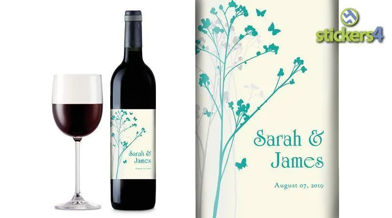 Branches & Butterflies (Light) Custom Printed Wedding Wine Bottle Label