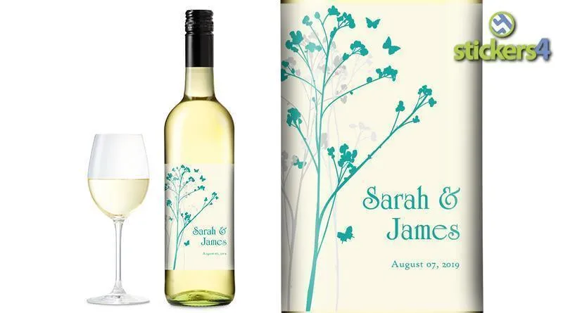 Branches & Butterflies (Light) Custom Printed Wedding Wine Bottle Label