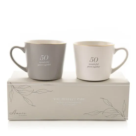 Golden 50th Anniversary Grey & White Mugs