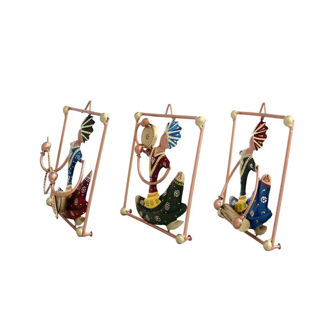 Handicrafts Paradise Wrought Iron Wall Art Tribal Musical Rajasthani Showpiece Multicolour 7 X 8 Inch Set Of 3 pc