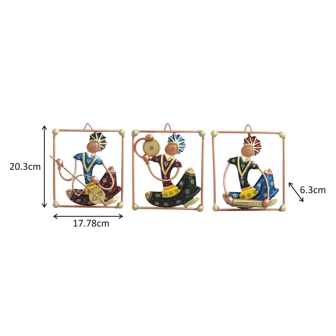 Handicrafts Paradise Wrought Iron Wall Art Tribal Musical Rajasthani Showpiece Multicolour 7 X 8 Inch Set Of 3 pc