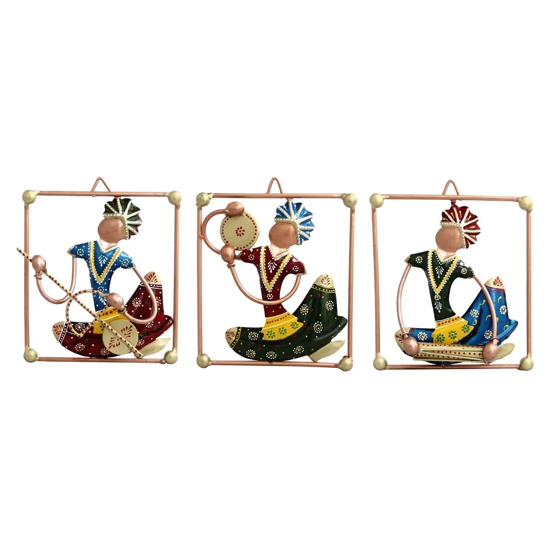 Handicrafts Paradise Wrought Iron Wall Art Tribal Musical Rajasthani Showpiece Multicolour 7 X 8 Inch Set Of 3 pc