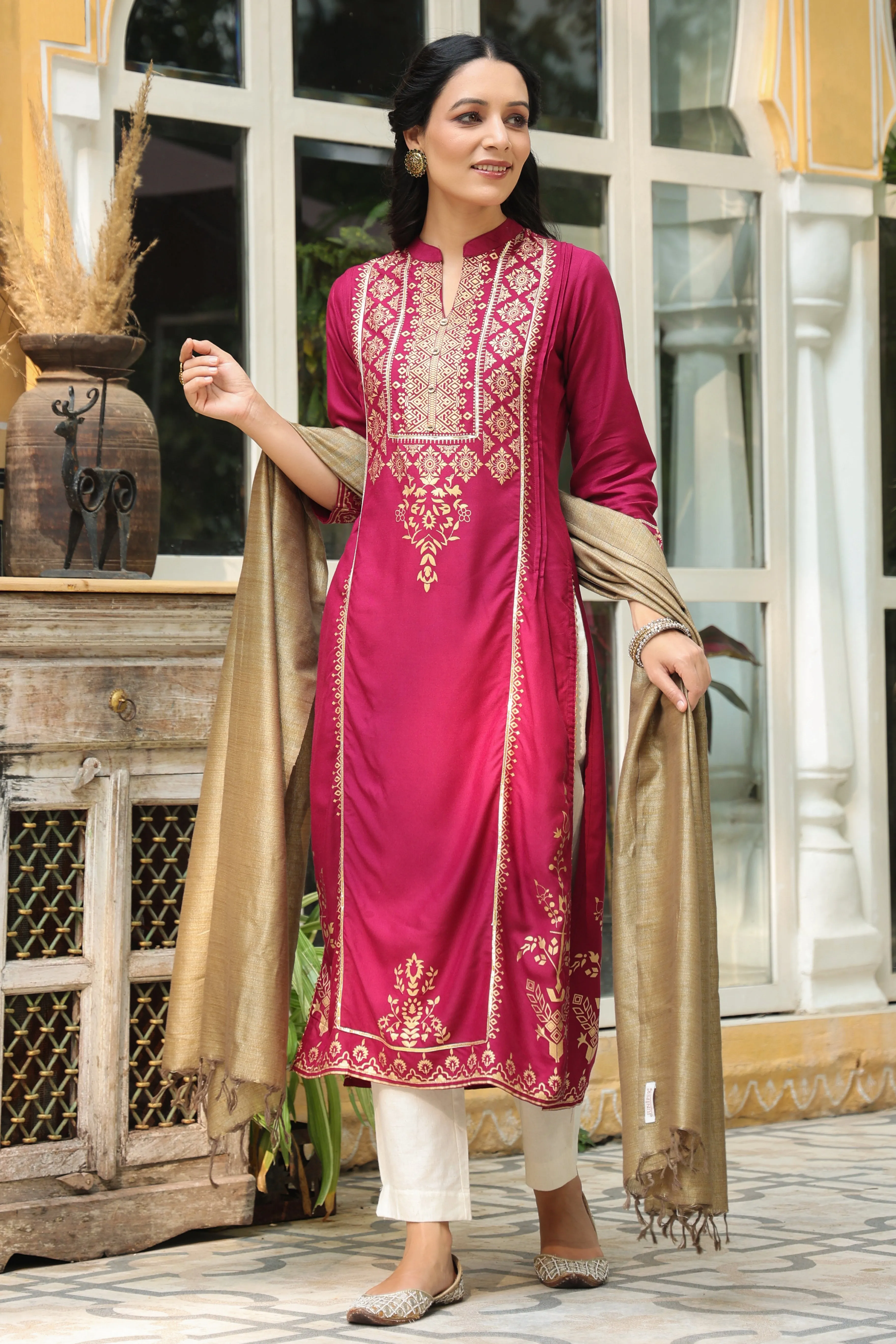 Juniper Wine Ethnic Motif Printed Rayon Straight Kurta & Dupatta Set With Buttons
