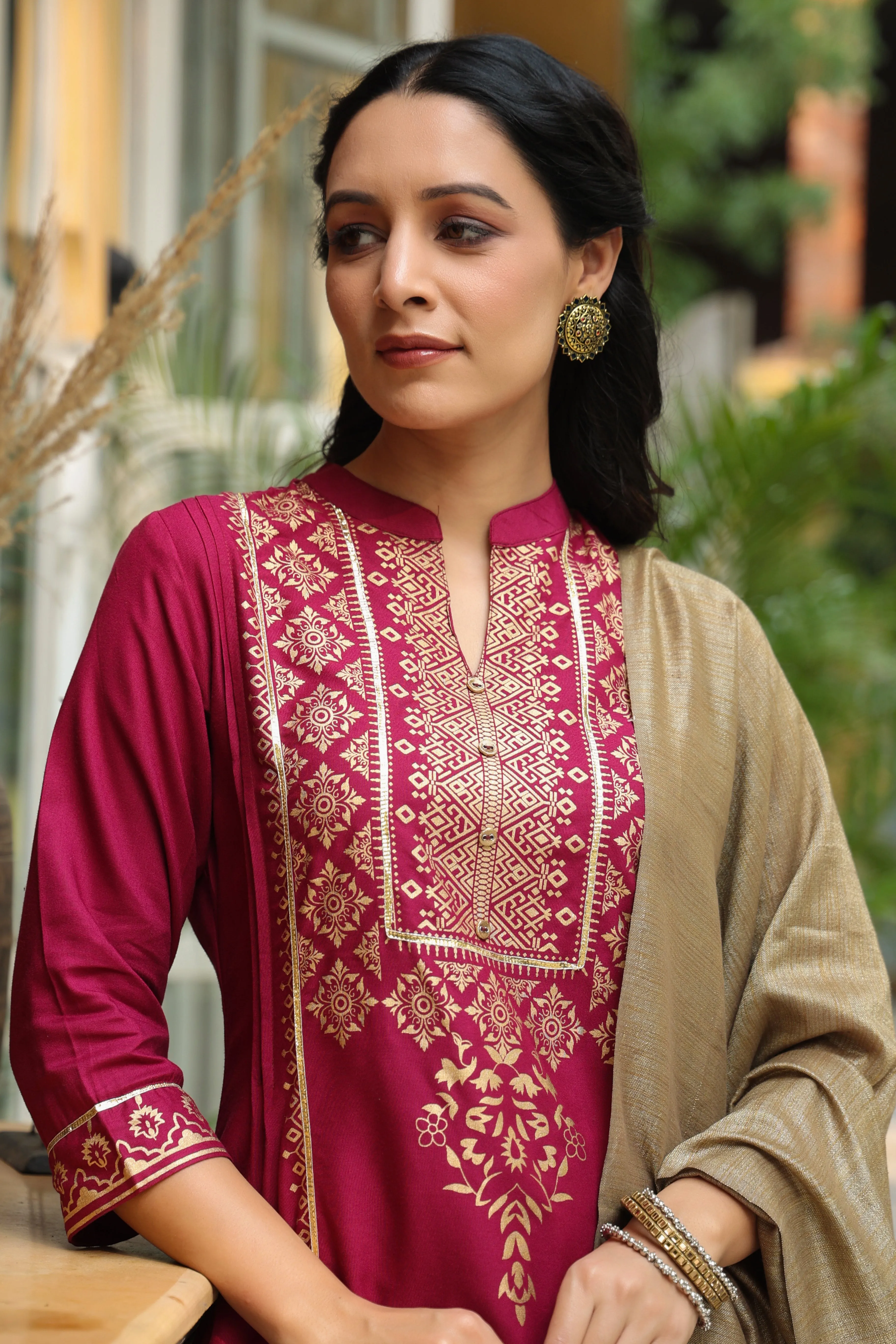 Juniper Wine Ethnic Motif Printed Rayon Straight Kurta & Dupatta Set With Buttons