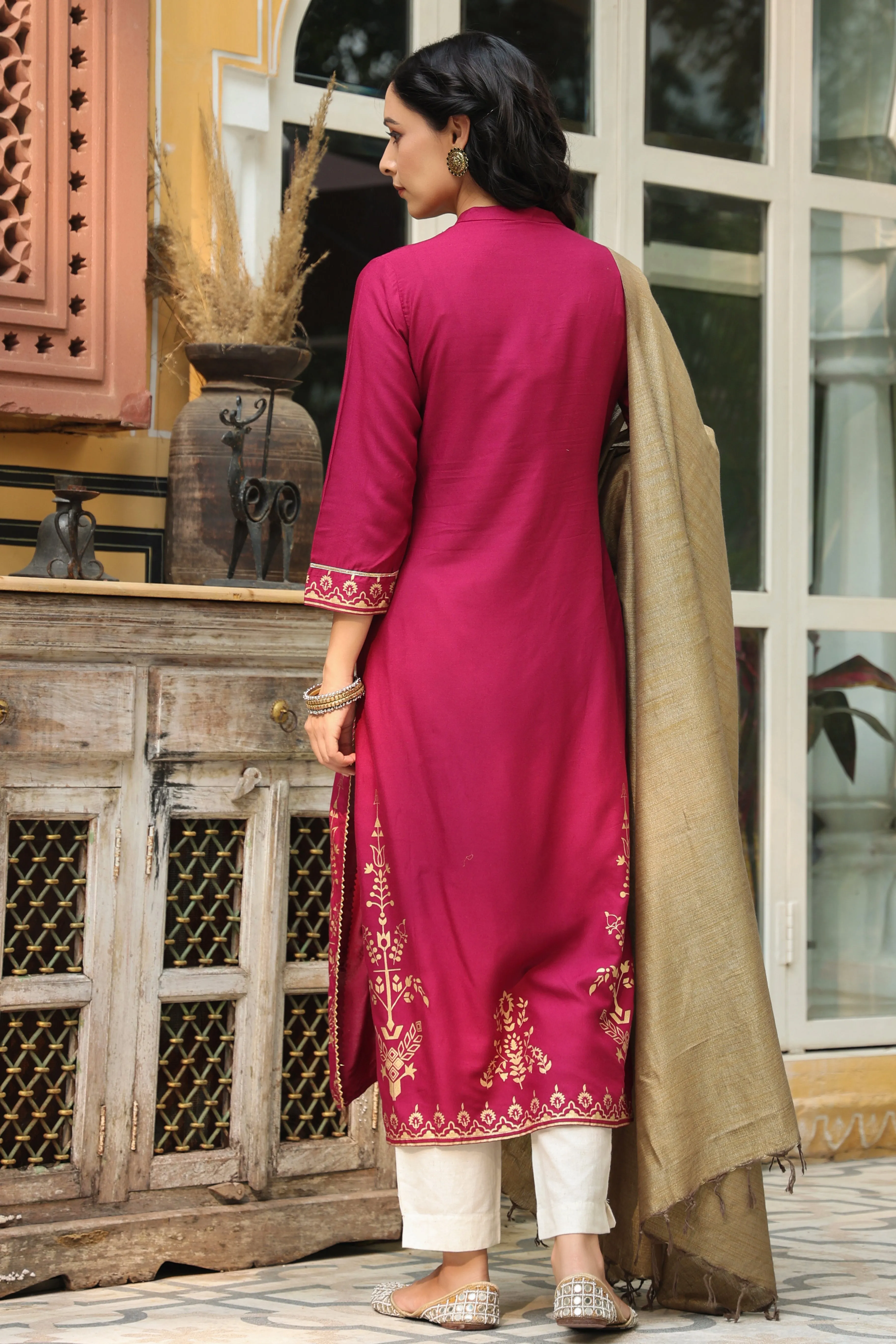 Juniper Wine Ethnic Motif Printed Rayon Straight Kurta & Dupatta Set With Buttons