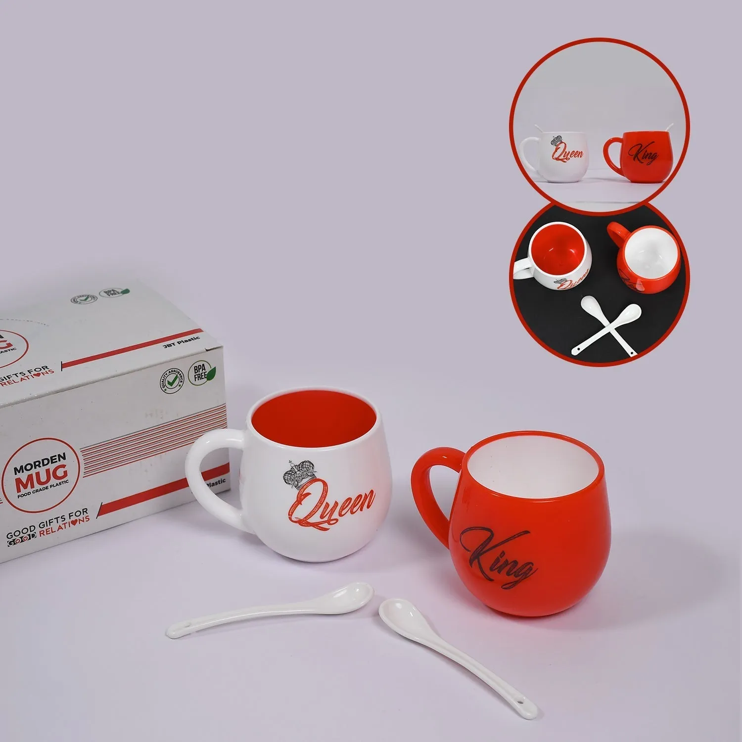 King & Queen Printed Couple Matching Coffee / Tea Plastic Coffee Mug (300ml Set of 2)