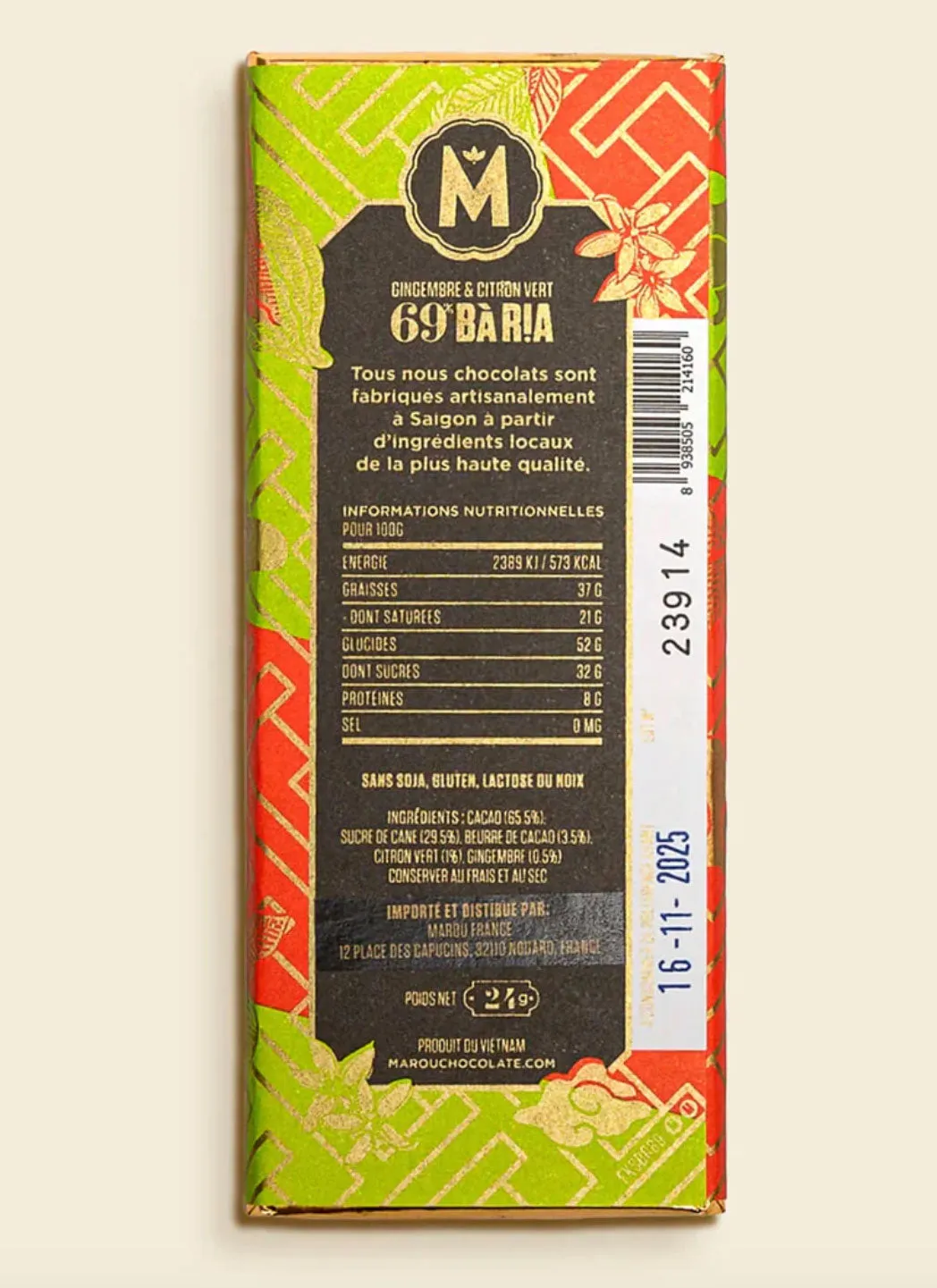 Marou Chocolate Ba Ria Ginger Lime 69%, 24g Mini Bar