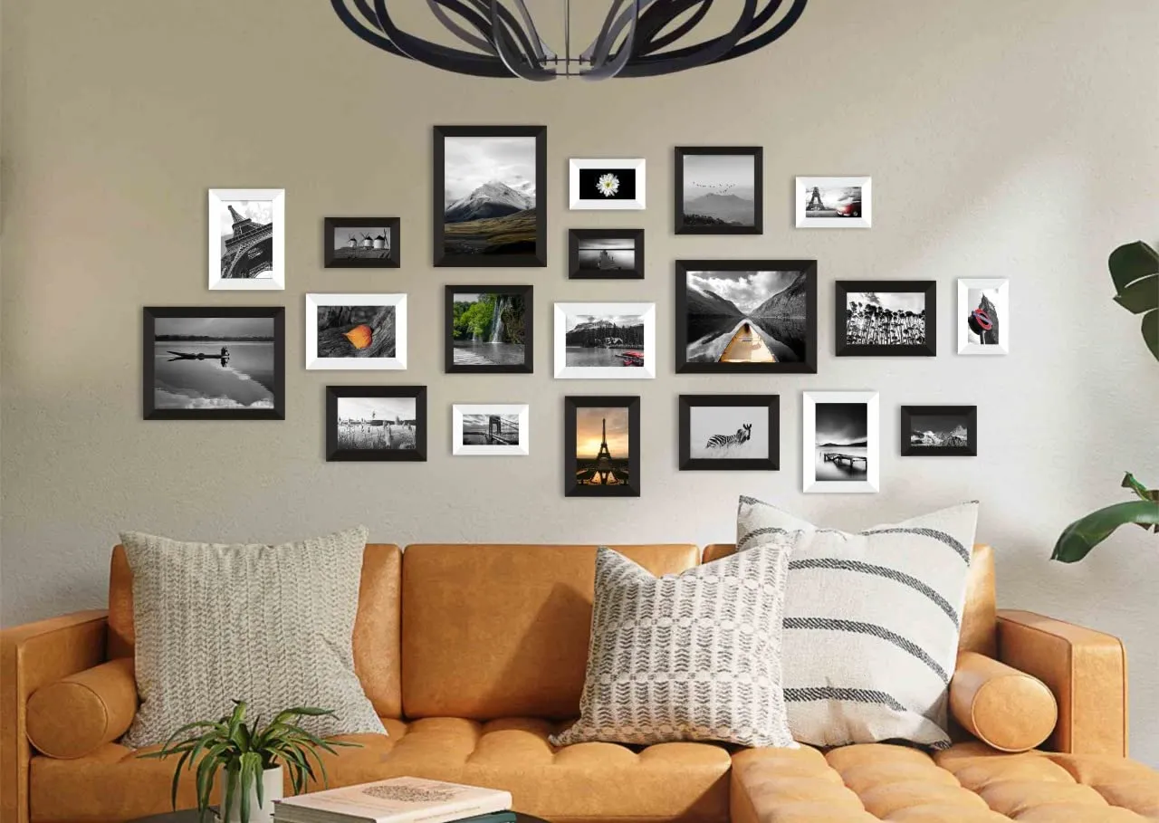 PAPER PLANE DESIGN wall photo frames set large for living room mix white frames and black picture frames (SET OF 20)