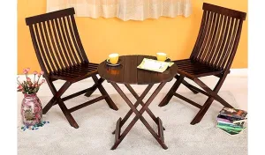 Porash Furniture Sheesham Wood Foldable Patio Center Coffee Table Set with 2 Chair for Home Tea Tables for Balcony Garden and Outdoor (Rich Walnut Finish) | 1 Year Warranty