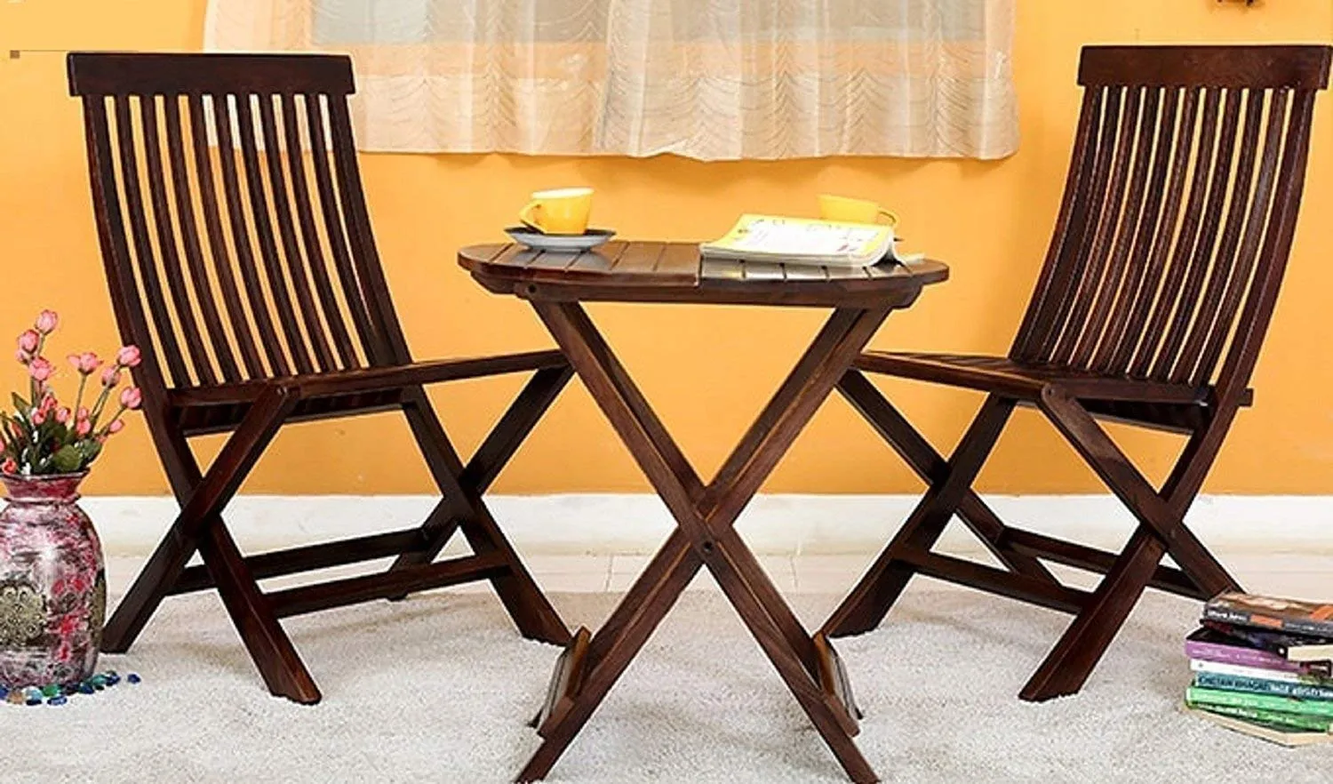 Porash Furniture Sheesham Wood Foldable Patio Center Coffee Table Set with 2 Chair for Home Tea Tables for Balcony Garden and Outdoor (Rich Walnut Finish) | 1 Year Warranty