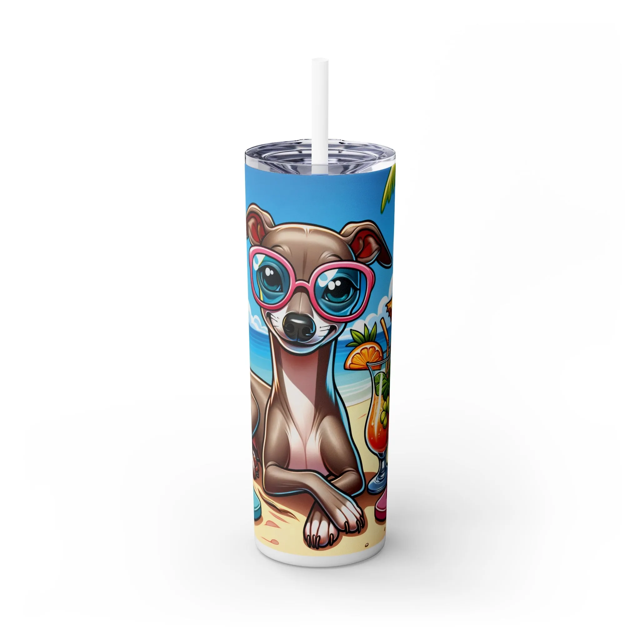 Skinny Tumbler with Straw, 20oz, Dog on Beach, Italian Greyhound, awd-1218