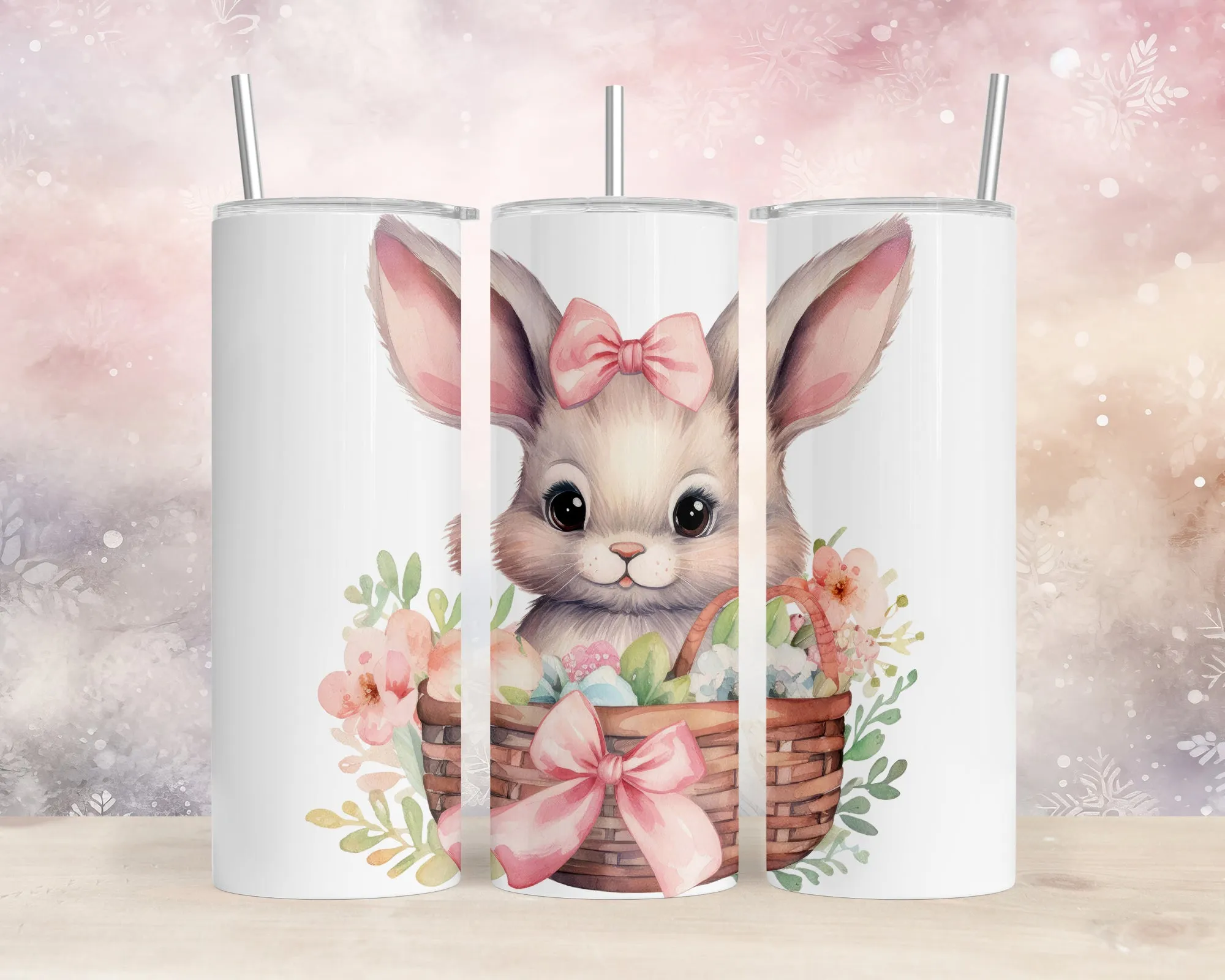 Skinny Tumbler with Straw, 20oz, Easter, Rabbit with Eggs, awd-1341