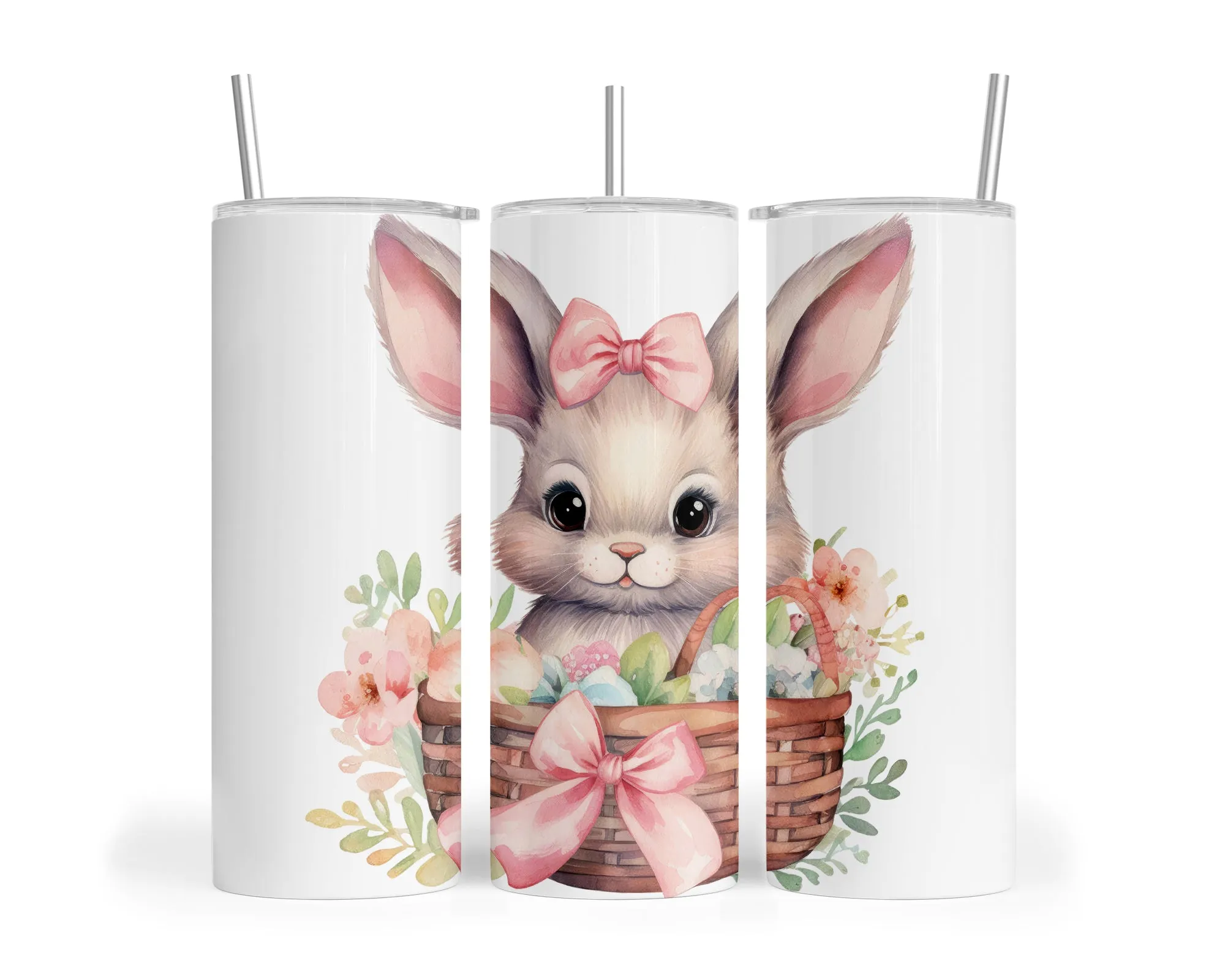 Skinny Tumbler with Straw, 20oz, Easter, Rabbit with Eggs, awd-1341