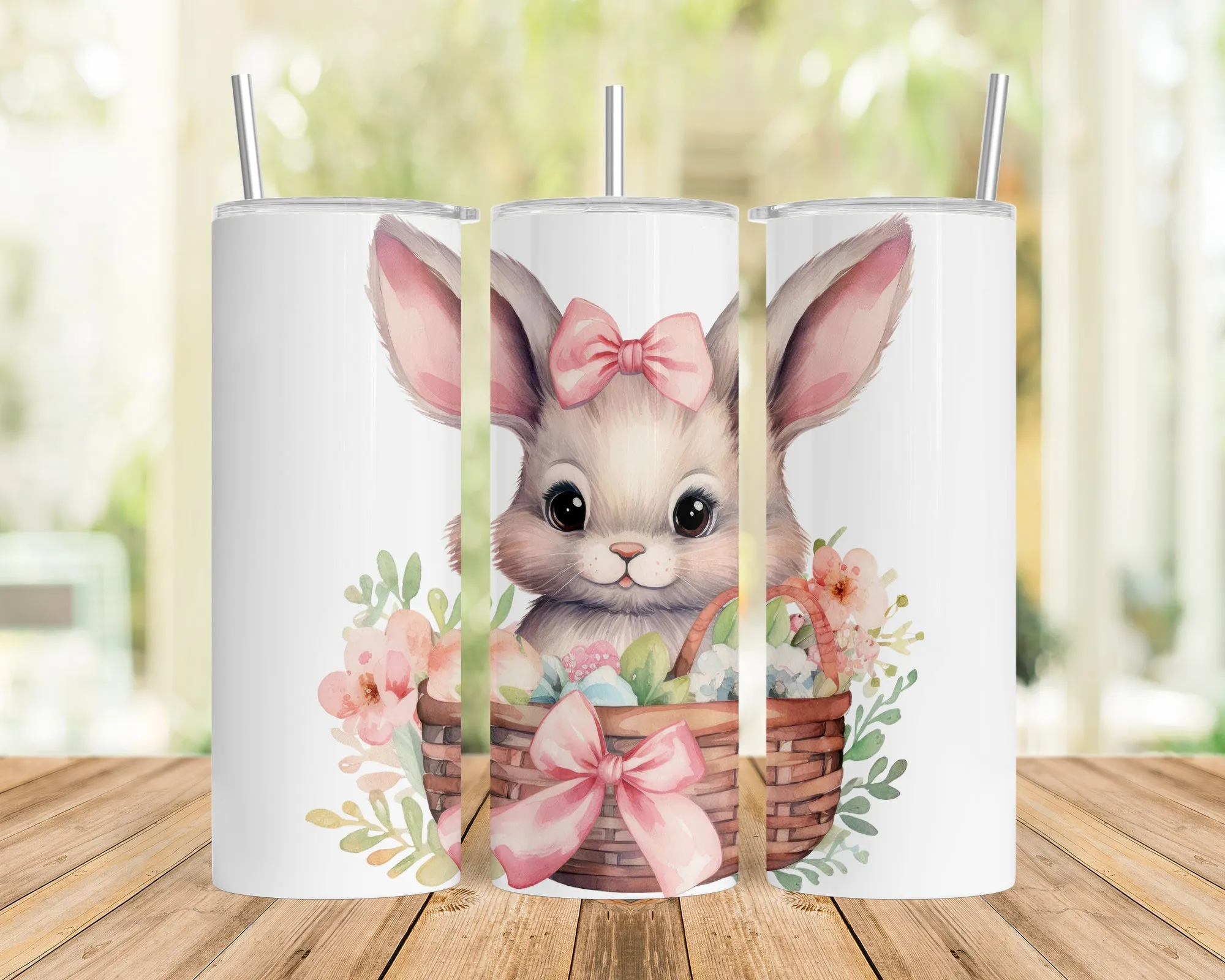 Skinny Tumbler with Straw, 20oz, Easter, Rabbit with Eggs, awd-1341