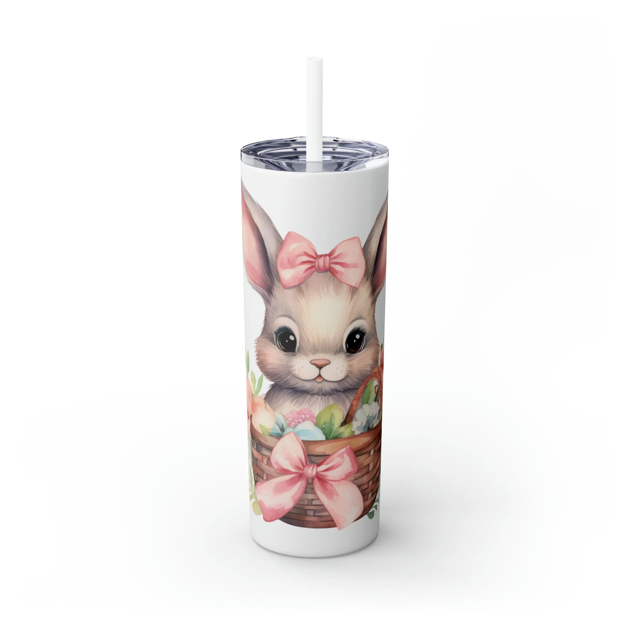 Skinny Tumbler with Straw, 20oz, Easter, Rabbit with Eggs, awd-1341