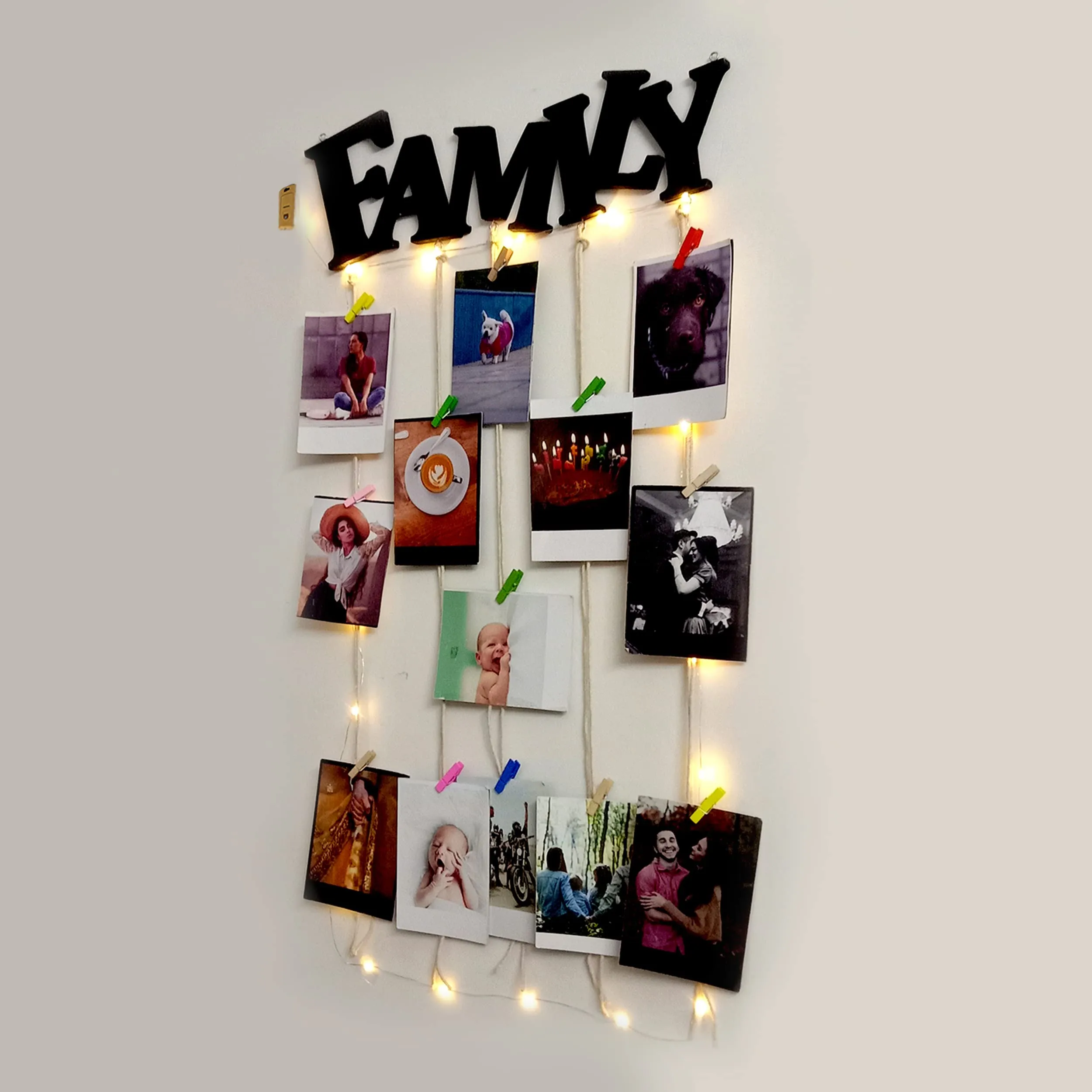 VAH Family with Light wooden Hanging Photo Display Picture Frame Collage Picture Display Organizer with Wood Clips for Wall Decor Hanging Photos