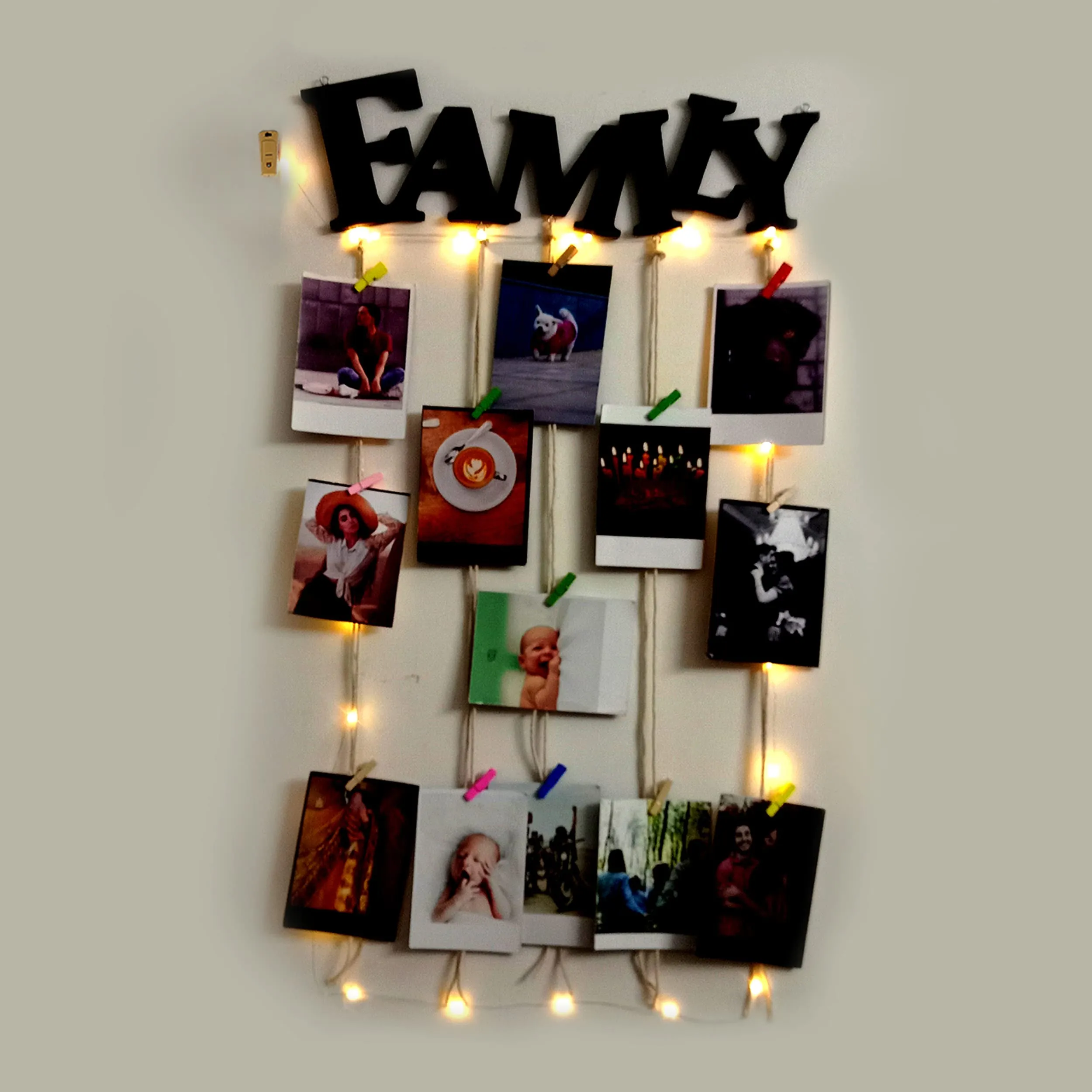 VAH Family with Light wooden Hanging Photo Display Picture Frame Collage Picture Display Organizer with Wood Clips for Wall Decor Hanging Photos