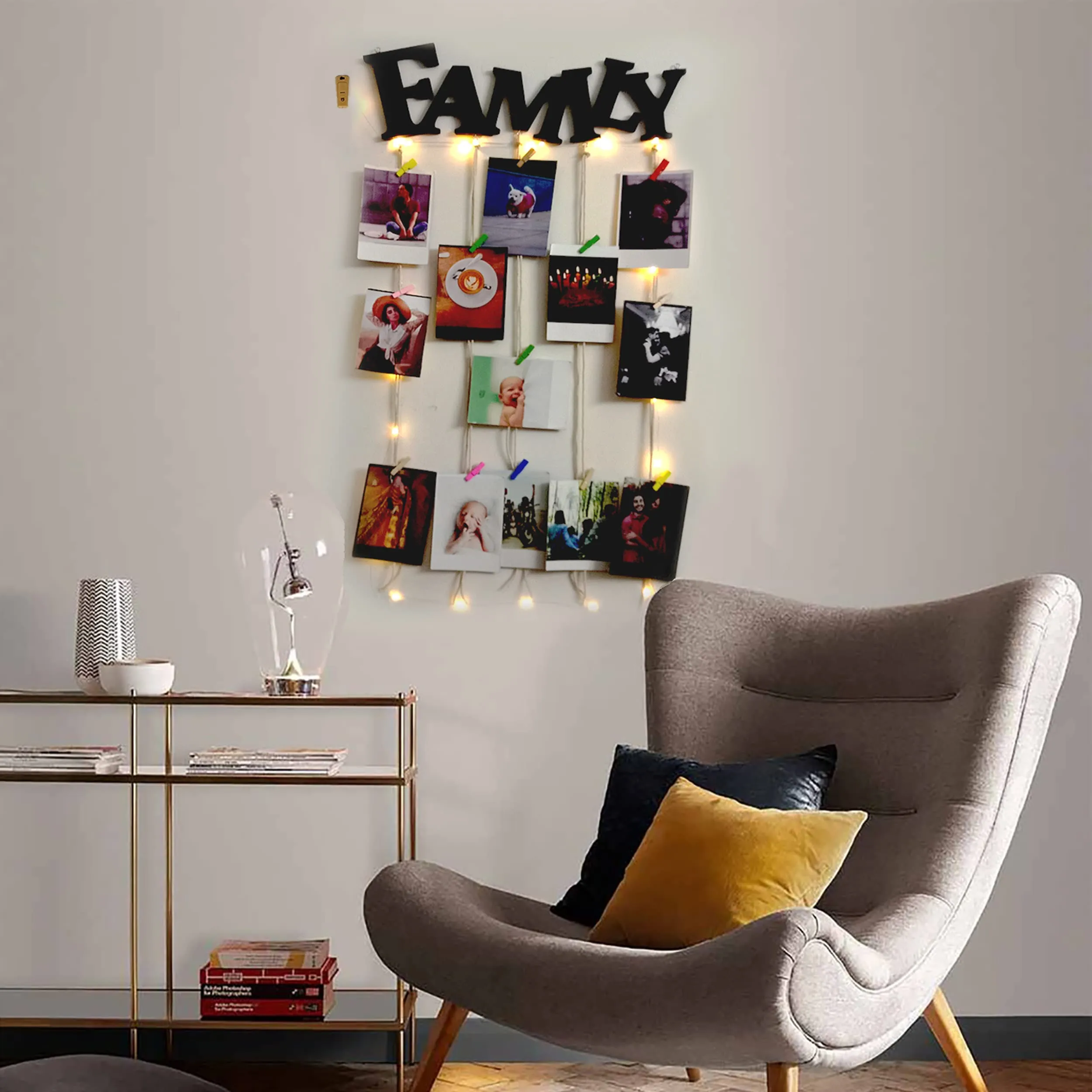 VAH Family with Light wooden Hanging Photo Display Picture Frame Collage Picture Display Organizer with Wood Clips for Wall Decor Hanging Photos
