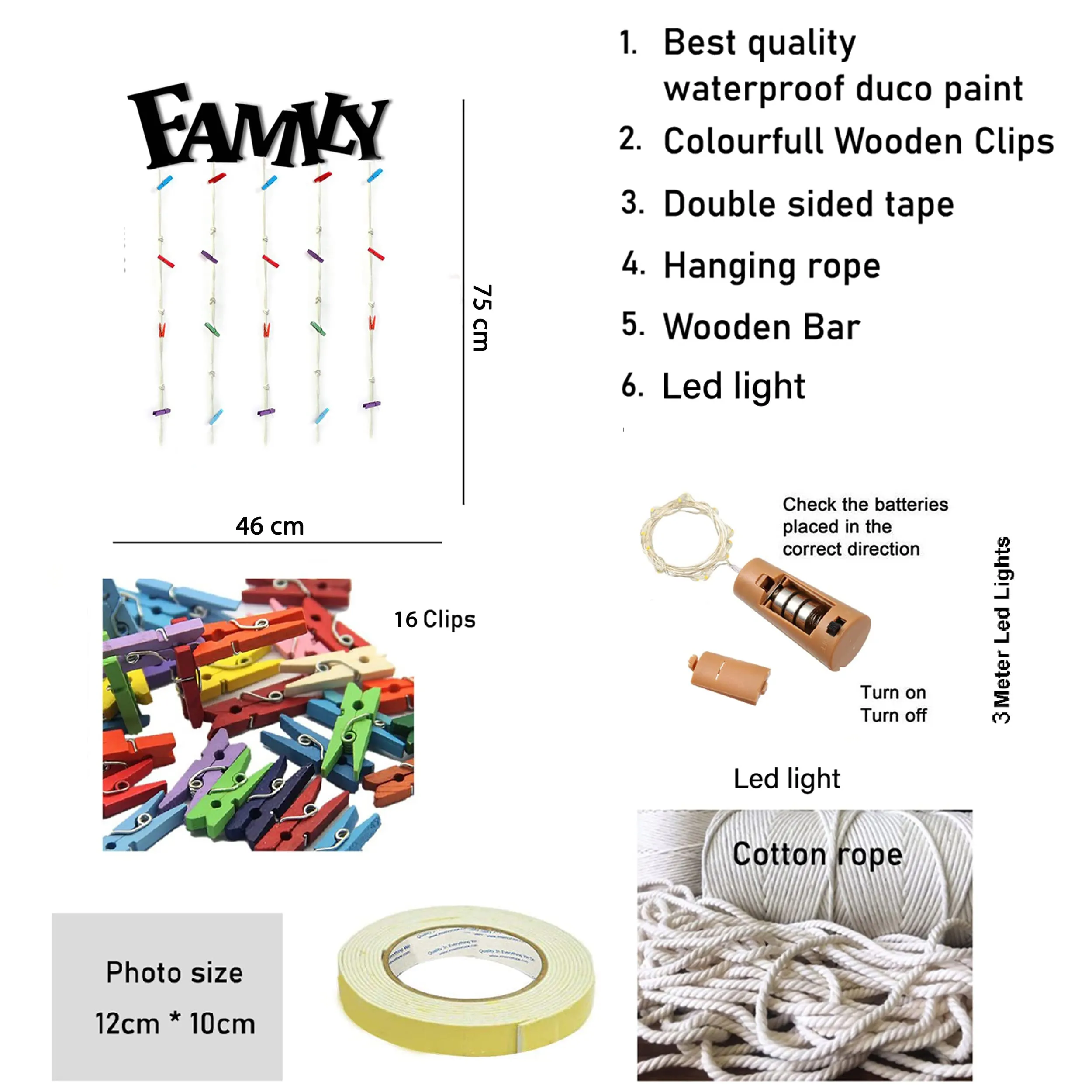 VAH Family with Light wooden Hanging Photo Display Picture Frame Collage Picture Display Organizer with Wood Clips for Wall Decor Hanging Photos
