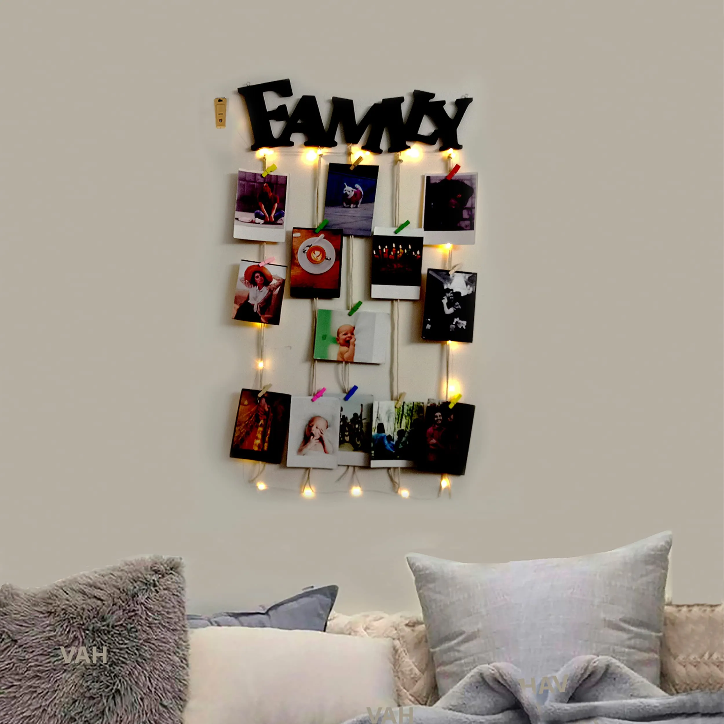 VAH Family with Light wooden Hanging Photo Display Picture Frame Collage Picture Display Organizer with Wood Clips for Wall Decor Hanging Photos