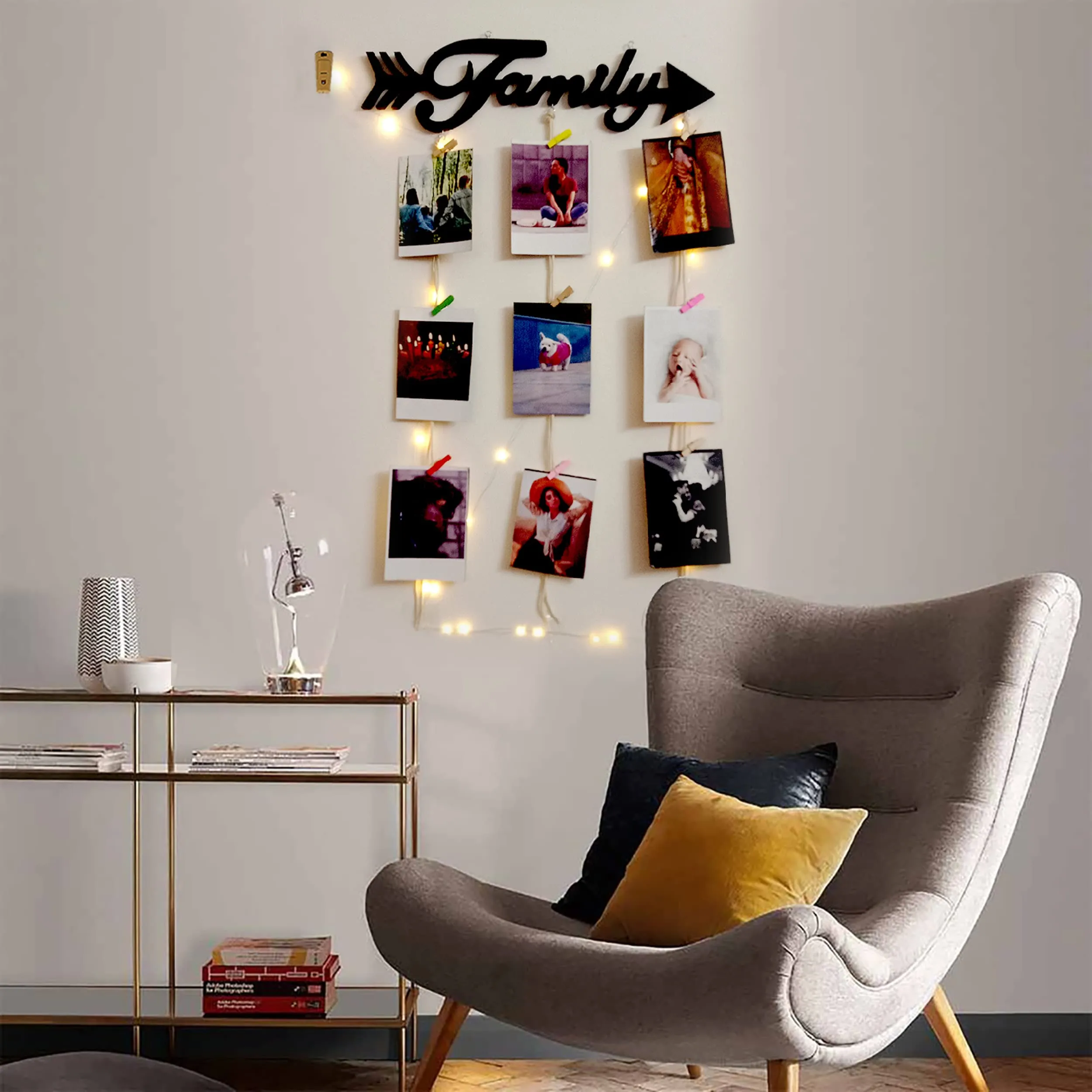 VAH- Kya Bat Hai !! Family arow with light design Hanging Photo Display Picture Frame Collage Picture Display Organizer with Wood Clips LED Light for Wall Decor Hanging Photos,Multicolour,Pack of 1