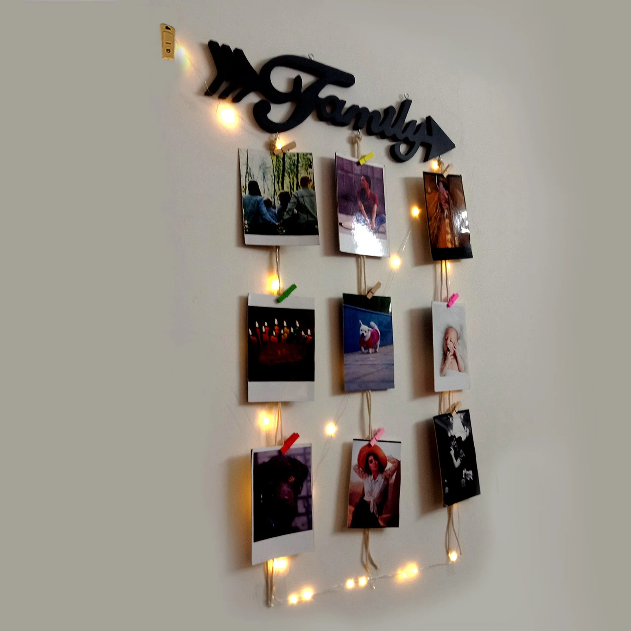VAH- Kya Bat Hai !! Family arow with light design Hanging Photo Display Picture Frame Collage Picture Display Organizer with Wood Clips LED Light for Wall Decor Hanging Photos,Multicolour,Pack of 1