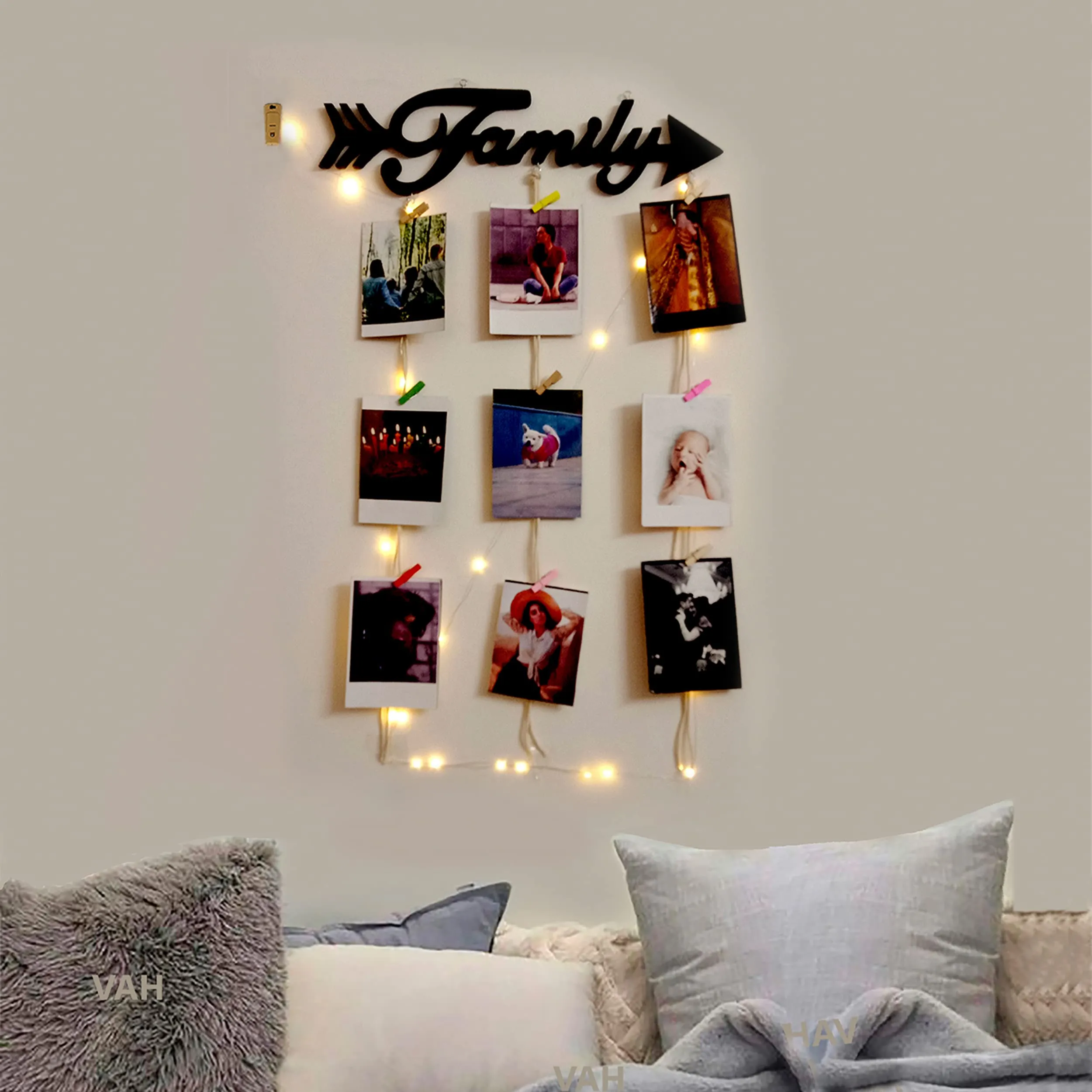 VAH- Kya Bat Hai !! Family arow with light design Hanging Photo Display Picture Frame Collage Picture Display Organizer with Wood Clips LED Light for Wall Decor Hanging Photos,Multicolour,Pack of 1