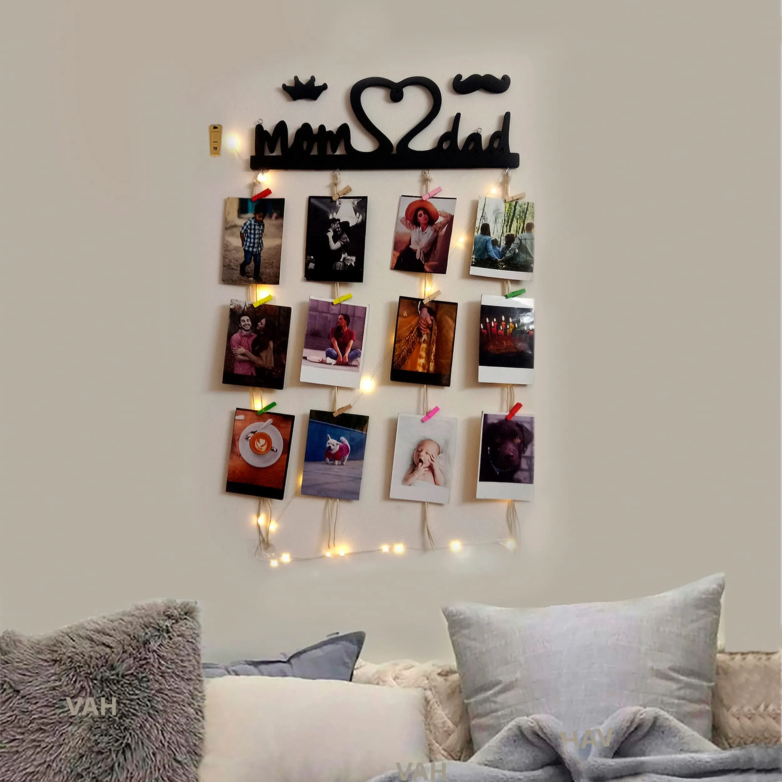 VAH- Kya Bat Hai !! Mom and Dad with light design Hanging Photo Display with Wood Clips LED Light