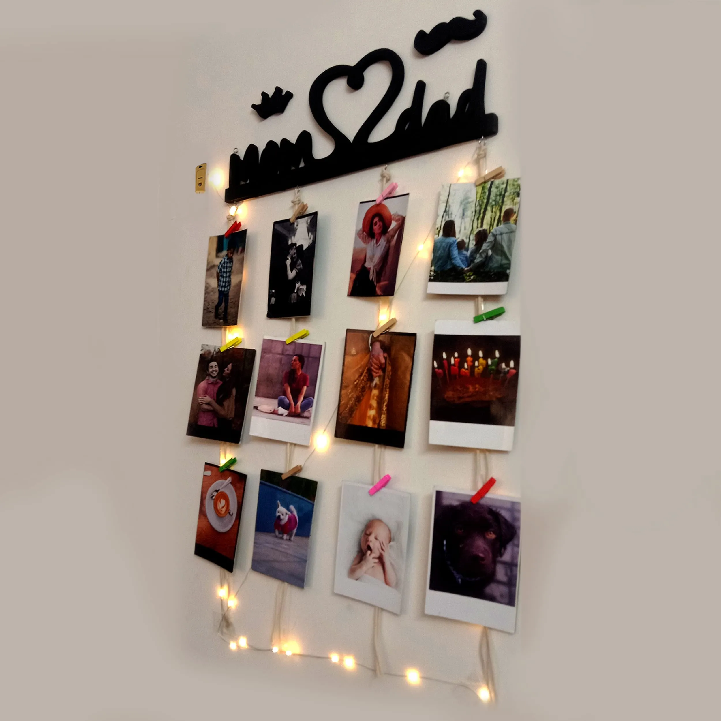VAH- Kya Bat Hai !! Mom and Dad with light design Hanging Photo Display with Wood Clips LED Light