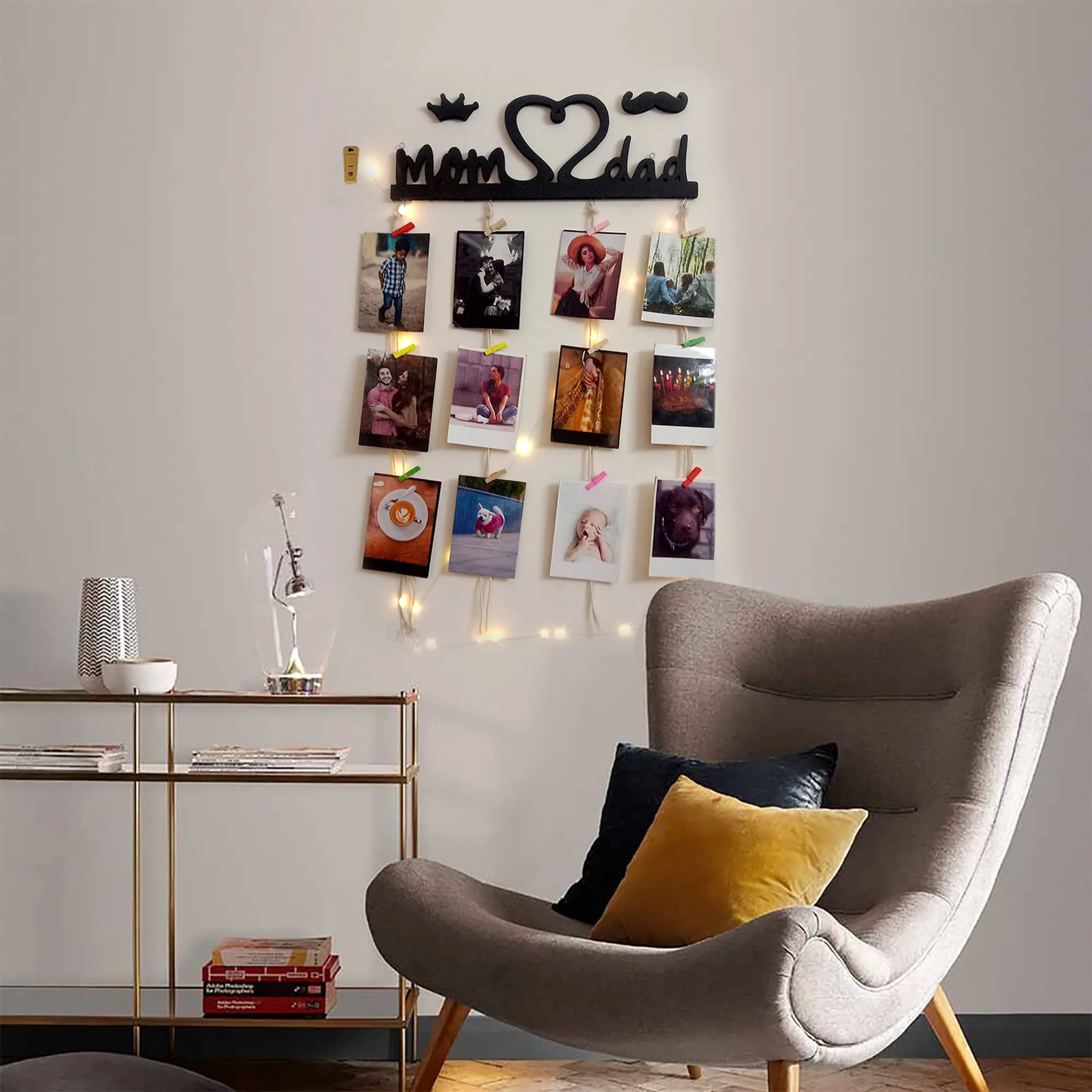 VAH- Kya Bat Hai !! Mom and Dad with light design Hanging Photo Display with Wood Clips LED Light