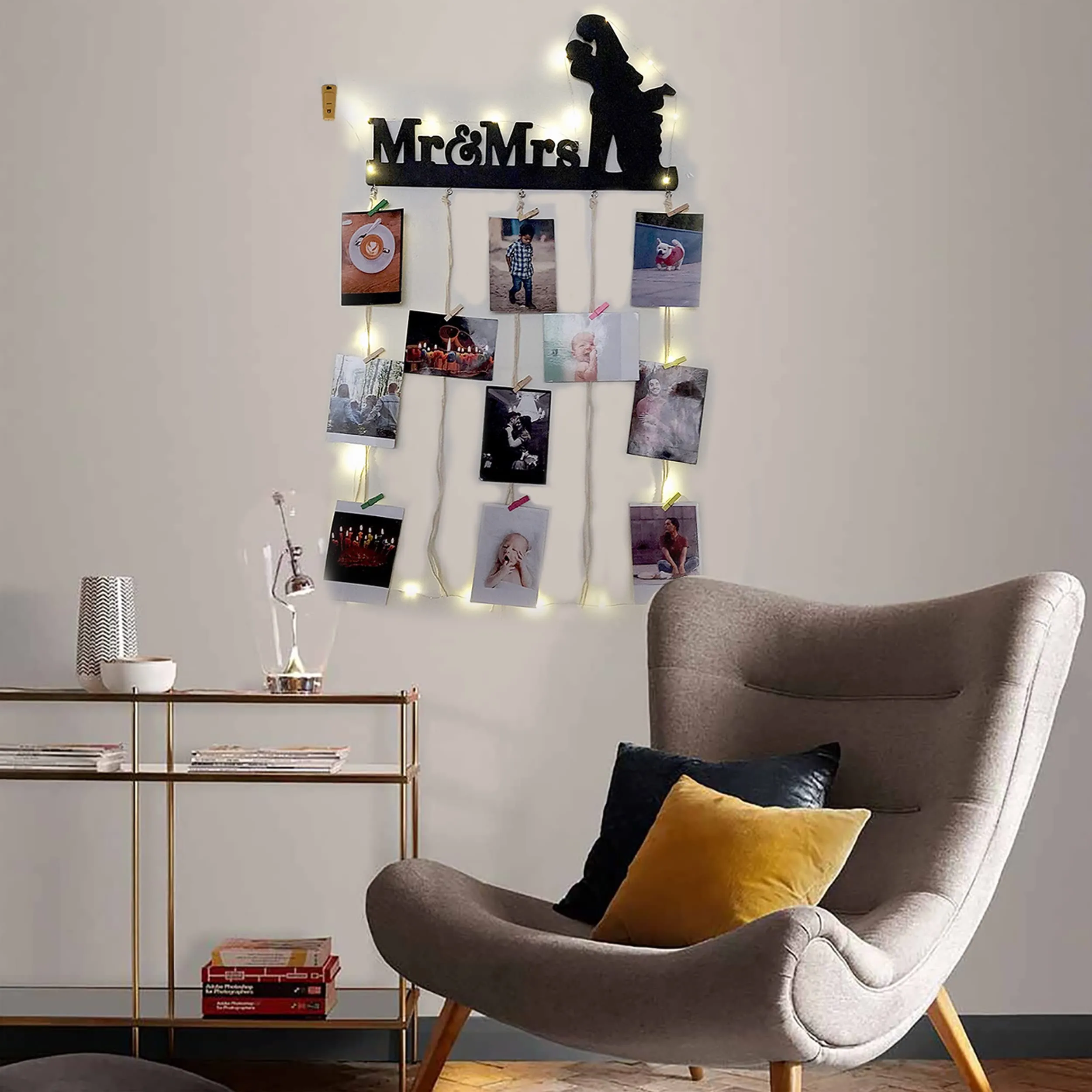 VAH Mr and Mrs photo wall hanging, hanging photo frames for wall decoration, moments wall hanging, photos hanging for wall decoration, photo frames for wall decoration with light.