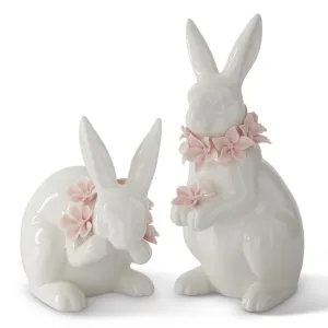 White Ceramic Easter Bunnies w/Pink Flower - 2 Styles