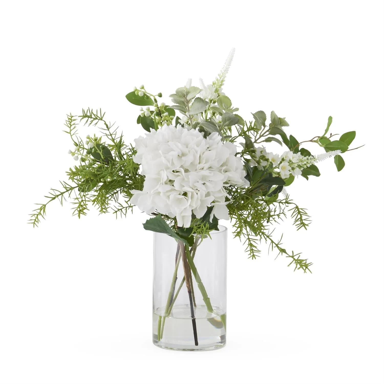 White Hydrangea & Foliage Premade w/Faux Water