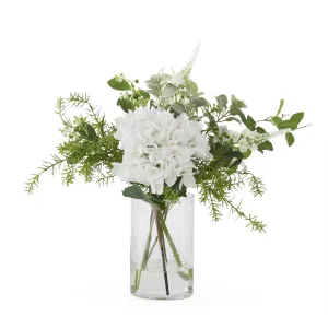 White Hydrangea & Foliage Premade w/Faux Water