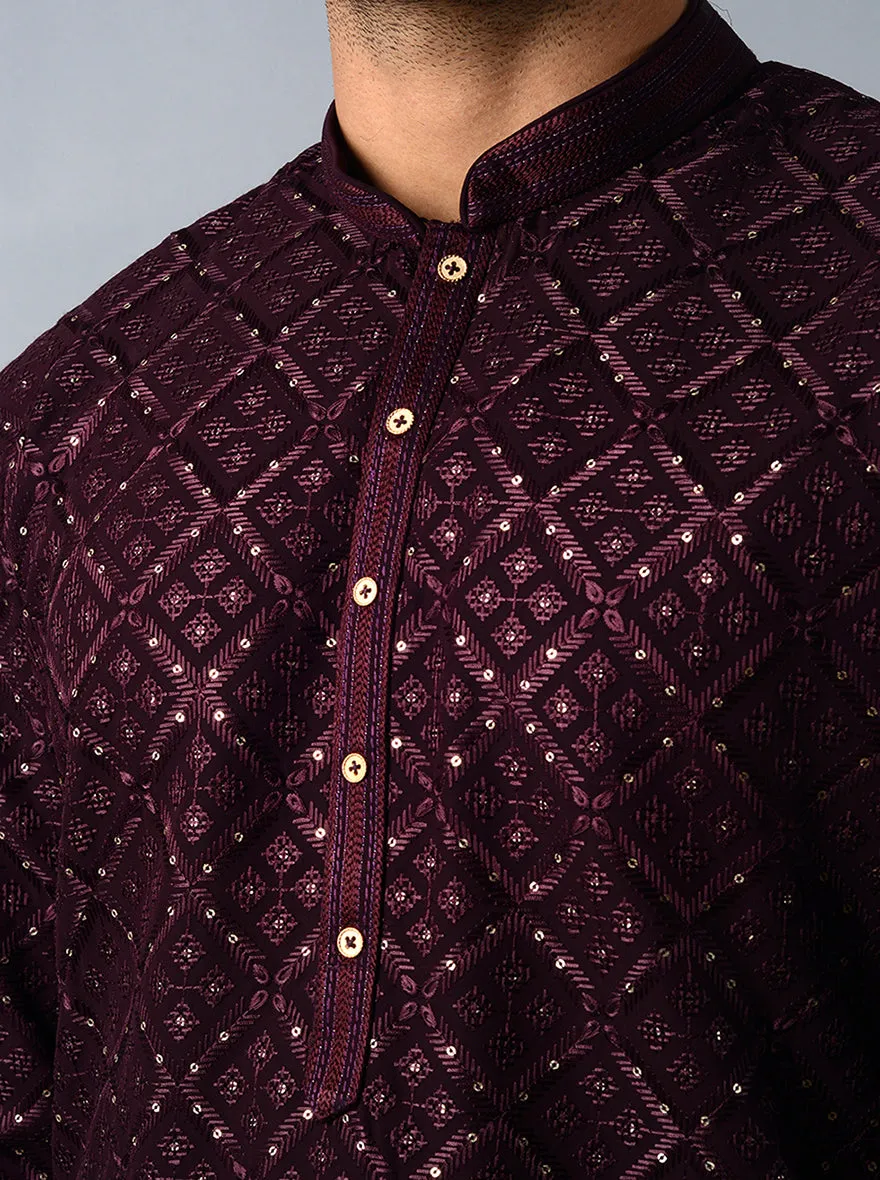 Wine Embroidered Regular Fit Kurta Set | TULA