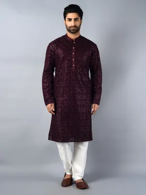 Wine Embroidered Regular Fit Kurta Set | TULA