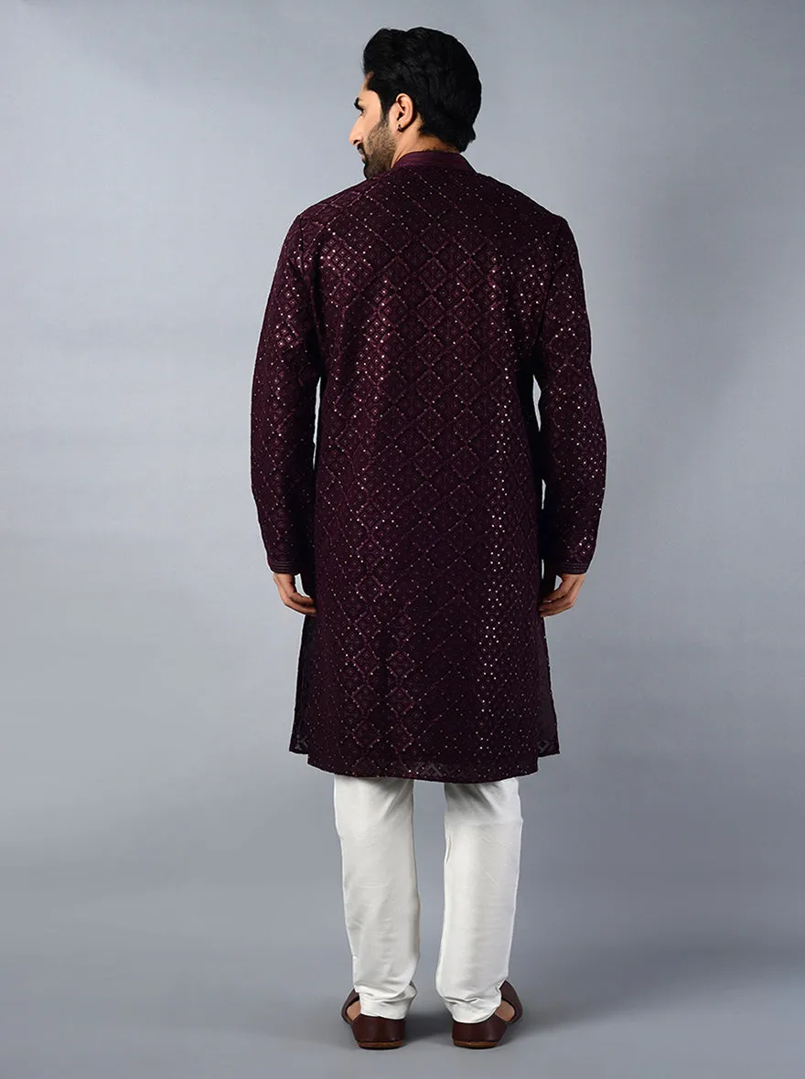 Wine Embroidered Regular Fit Kurta Set | TULA