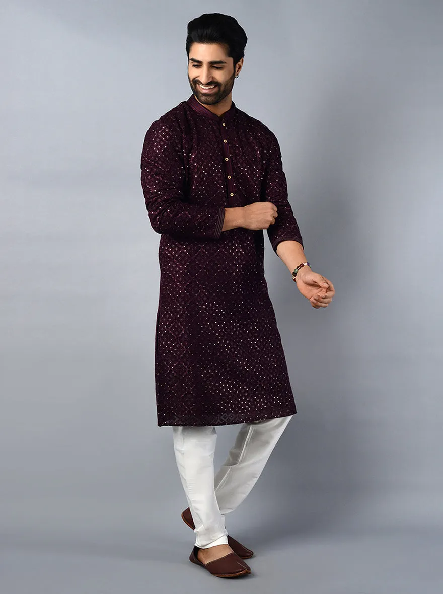 Wine Embroidered Regular Fit Kurta Set | TULA