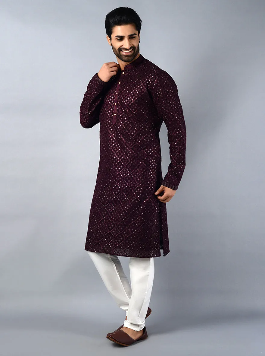 Wine Embroidered Regular Fit Kurta Set | TULA