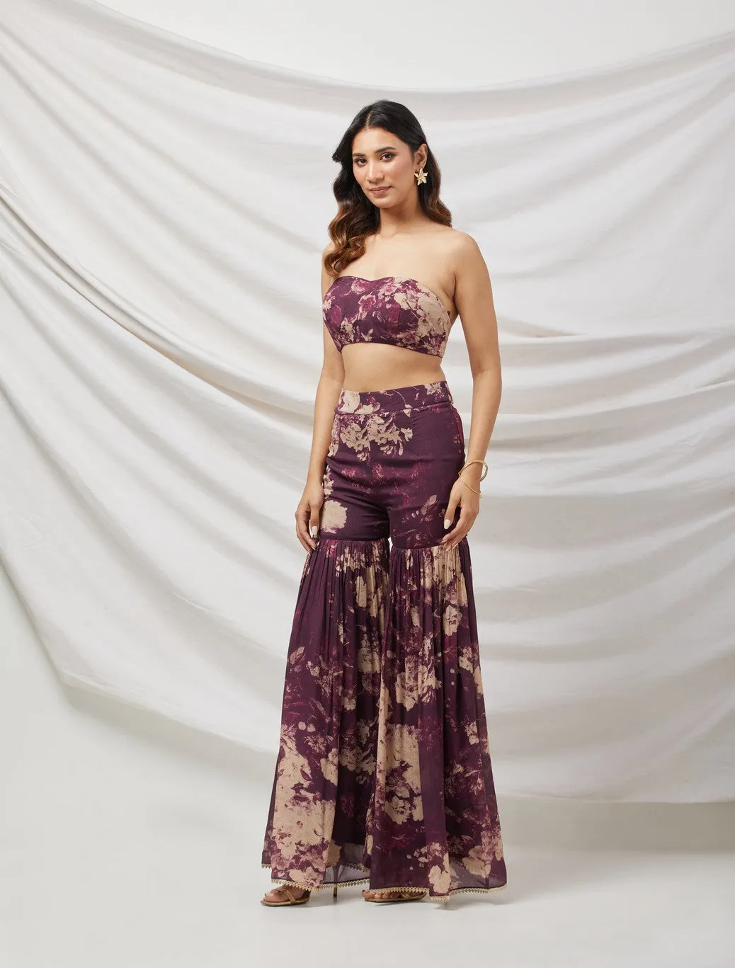 Wine Indo-Western Sharara Set With Bustier