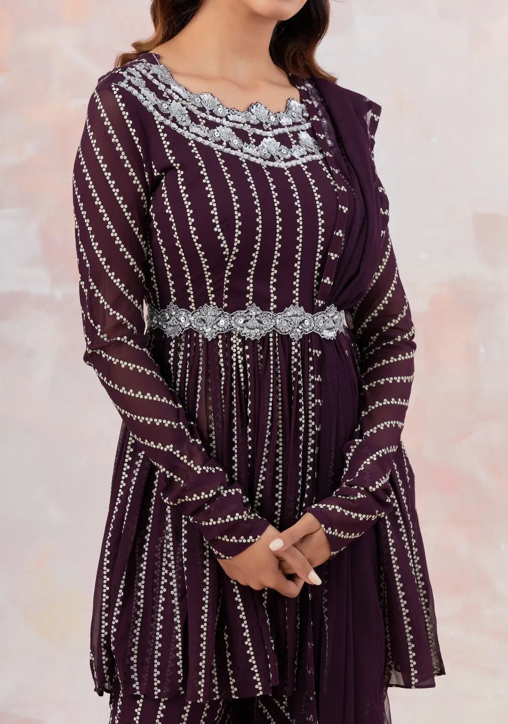 Wine Sequinned Sharara Set