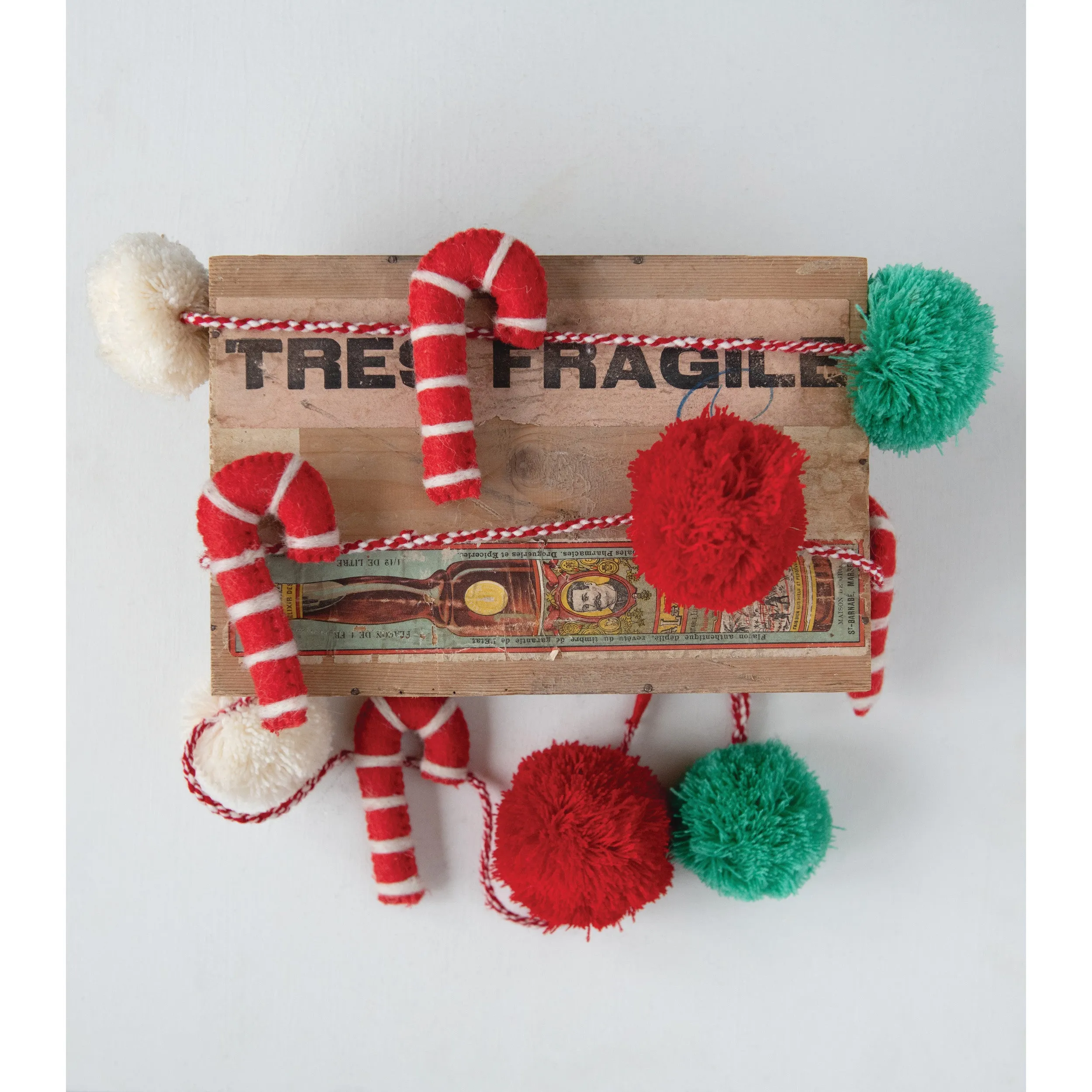 Wool Felt Candy Cane Garland with Pom Poms